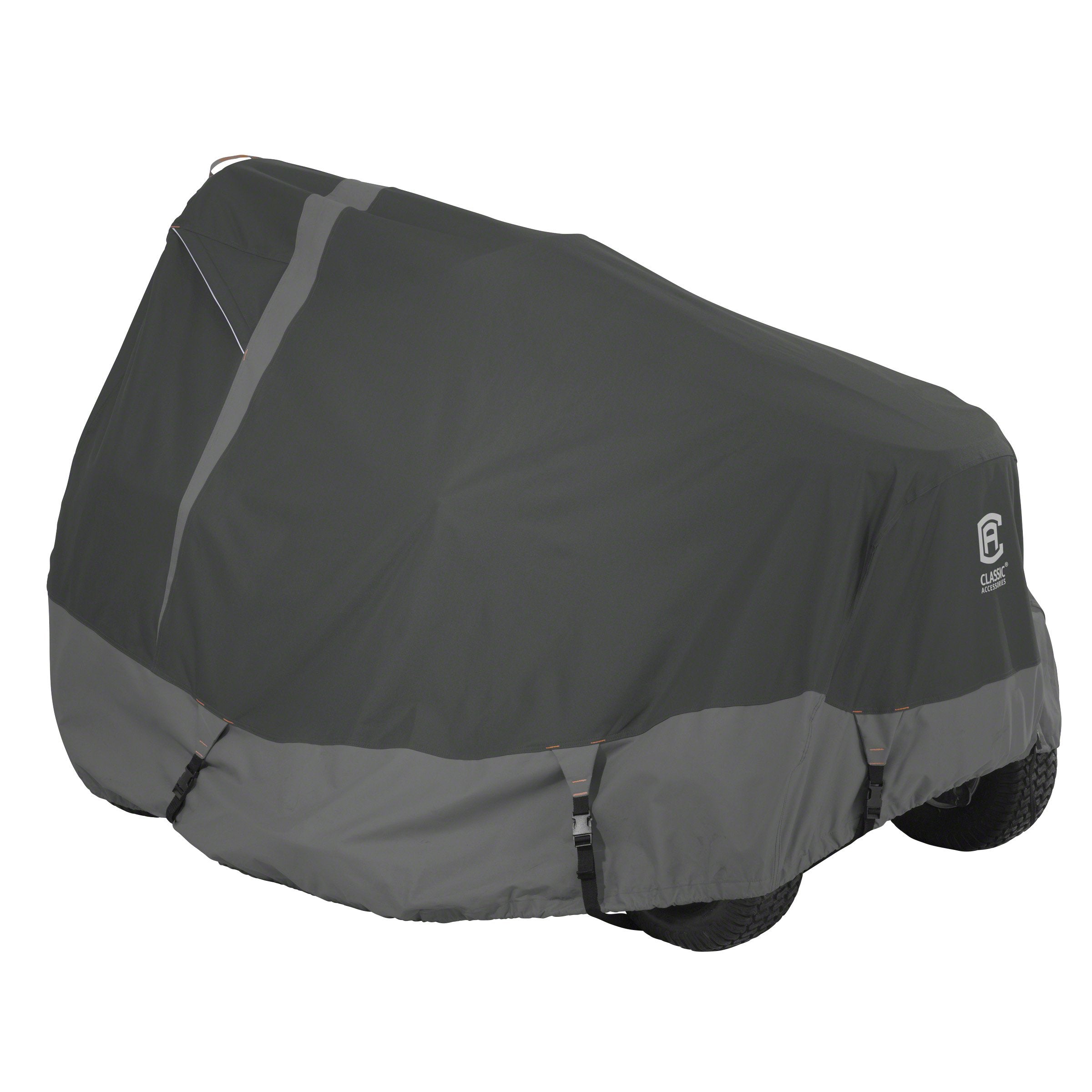 Classic Accessories front view of cover protecting a tractor, shows full coverage benefit