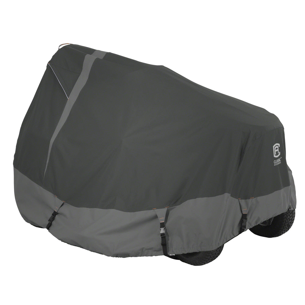 Classic Accessories front view of cover protecting a tractor, shows full coverage benefit