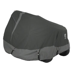 Classic Accessories front view of cover protecting a tractor, shows full coverage benefit