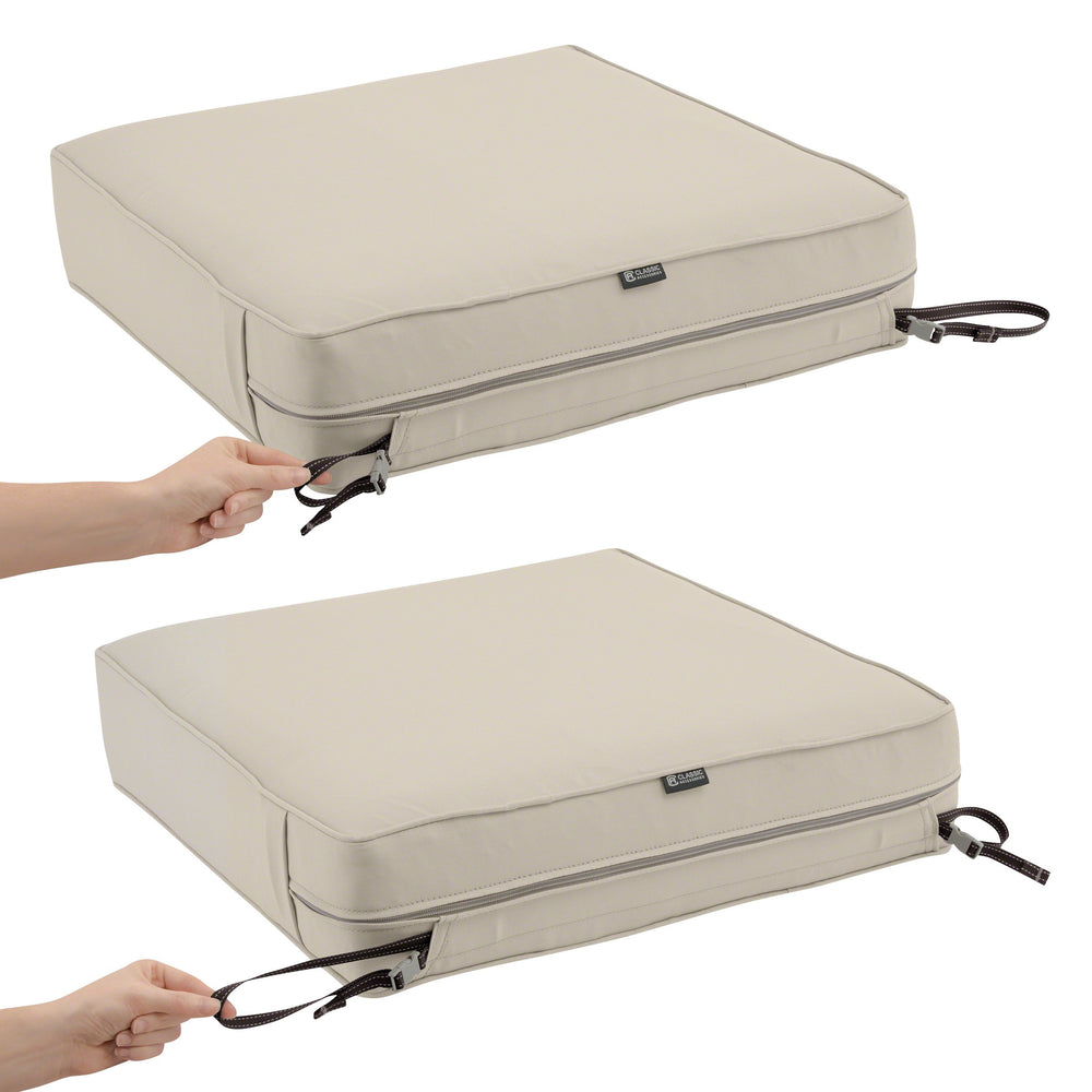 Classic Accessories cushion in use on outdoor dining chair for comfort