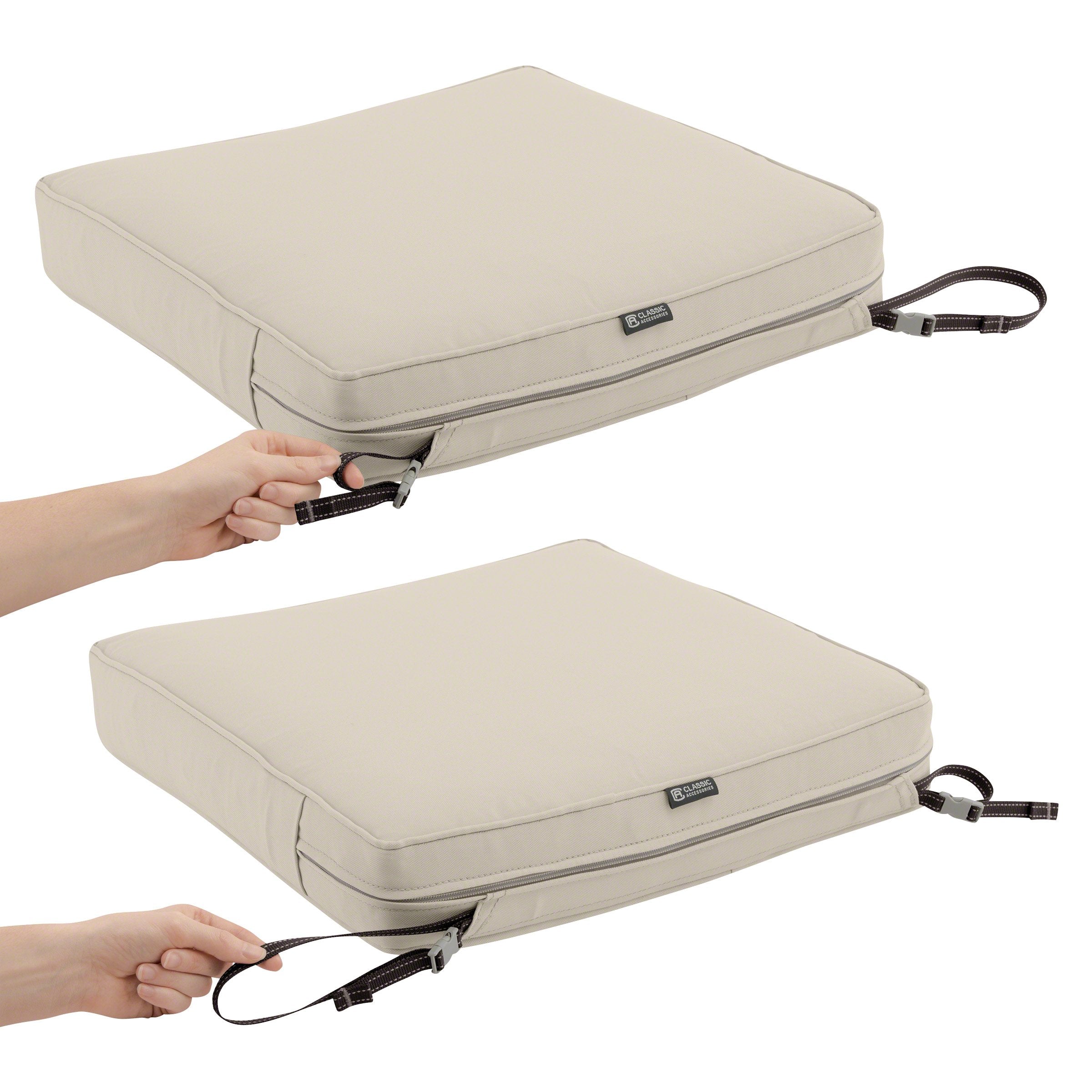 Classic Accessories cushion placed on patio chair offering instant improved seating comfort