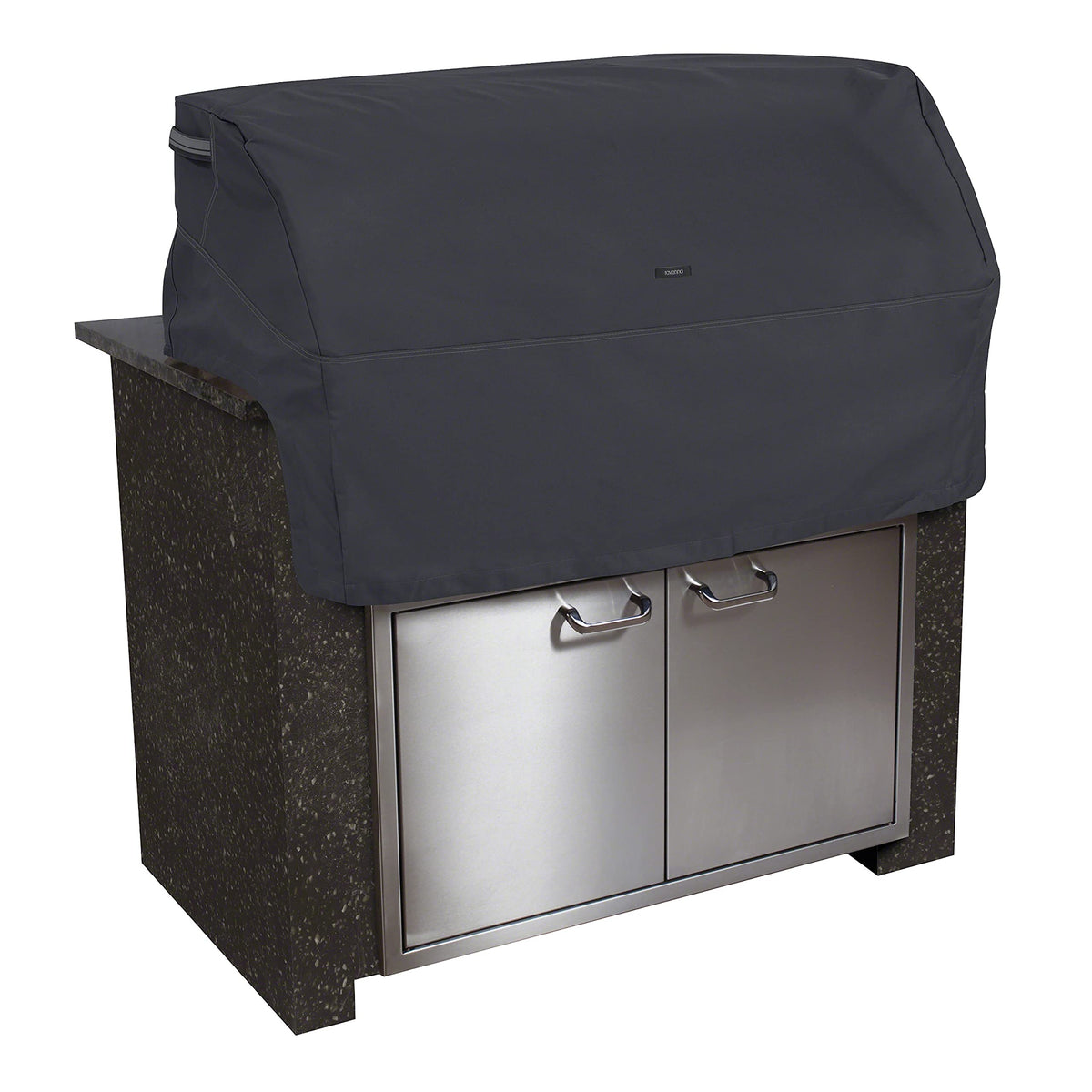 Classic Accessories front view of Ravenna cover protecting grill top for weather protection