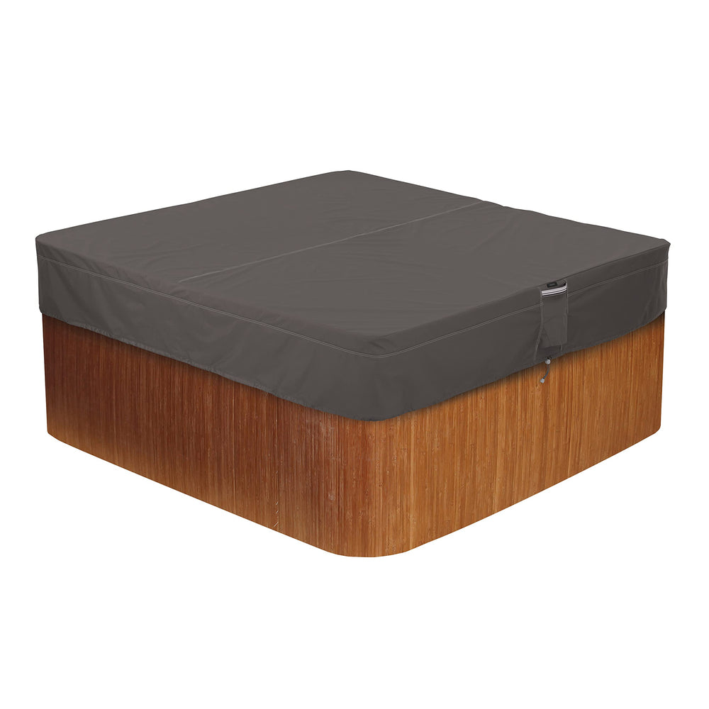 Classic Accessories front view of Ravenna cover protecting hot tub with weather resistance