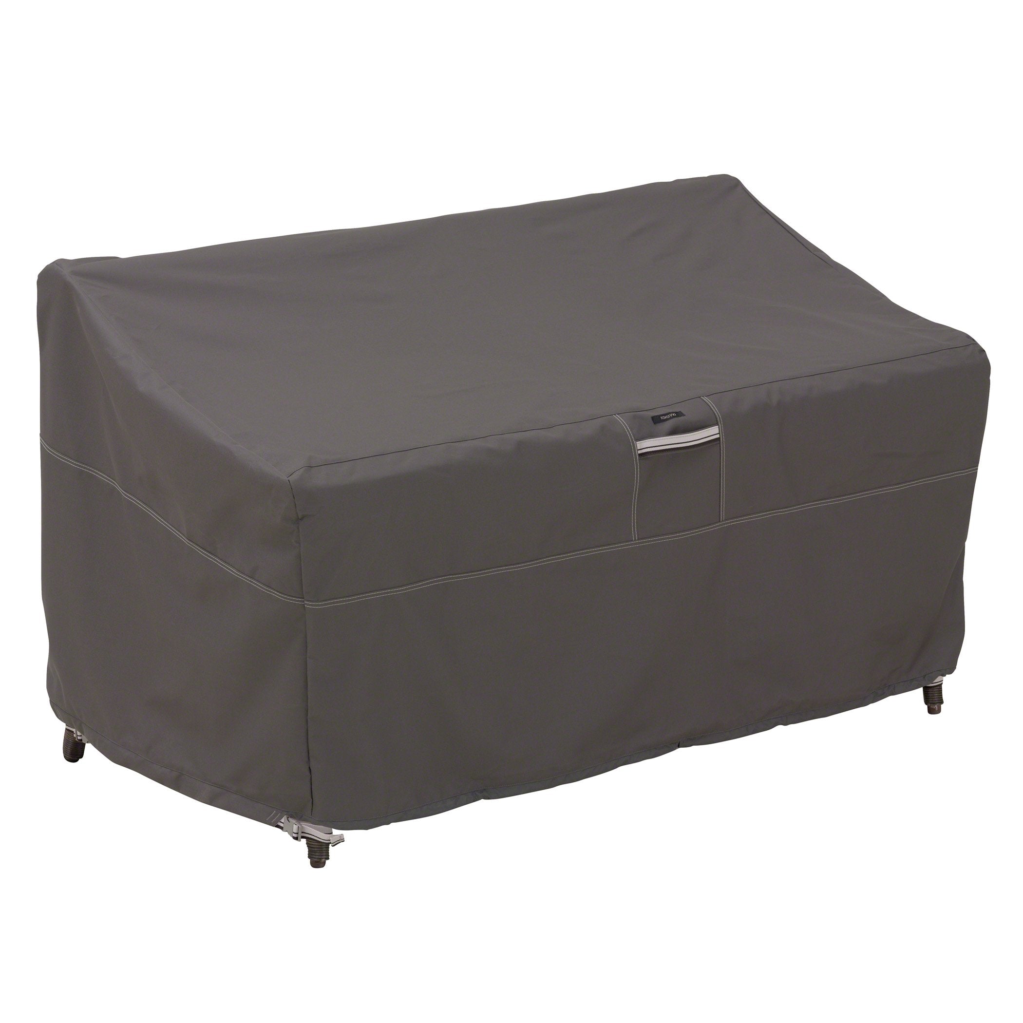Classic Accessories Ravenna front view showing full taupe loveseat protection and clean fit