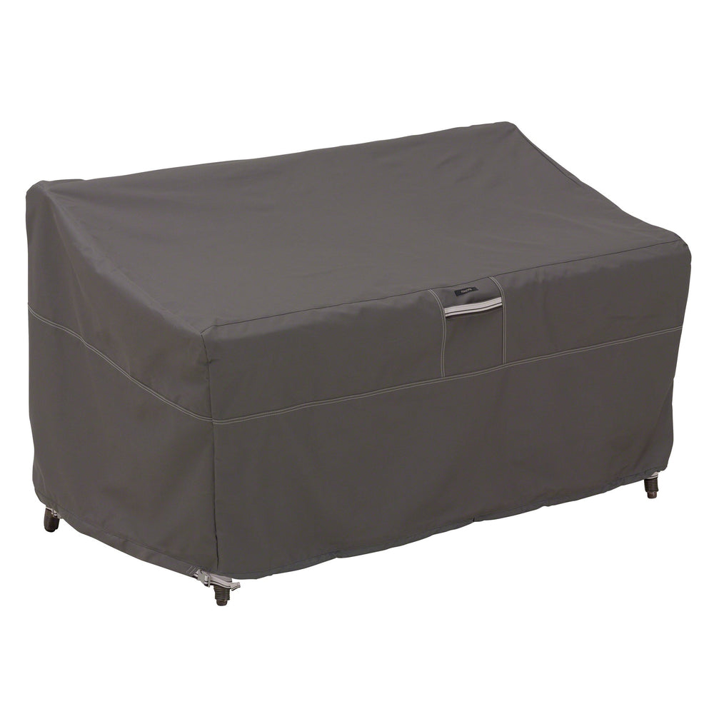 Classic Accessories Ravenna front view showing full taupe loveseat protection and clean fit