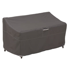 Classic Accessories Ravenna front view showing full taupe loveseat protection and clean fit
