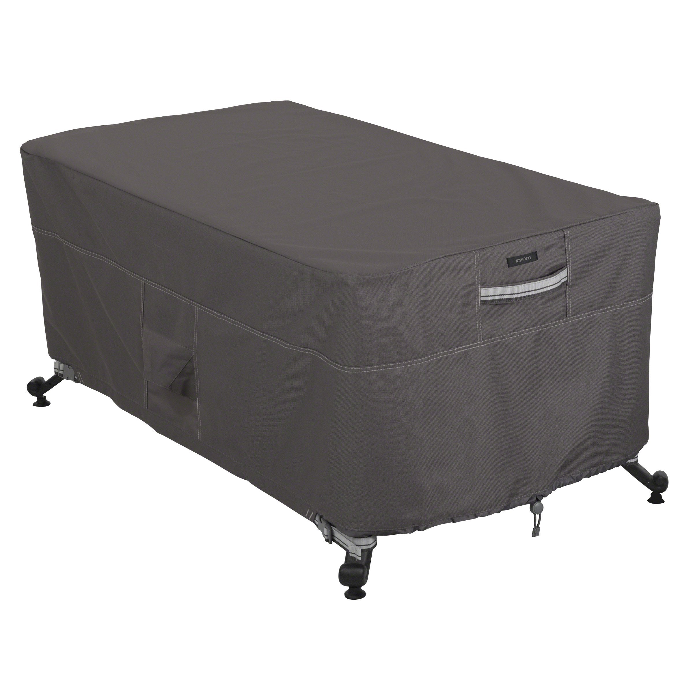 Classic Accessories Ravenna front view showing full cover protecting rectangular fire pit table