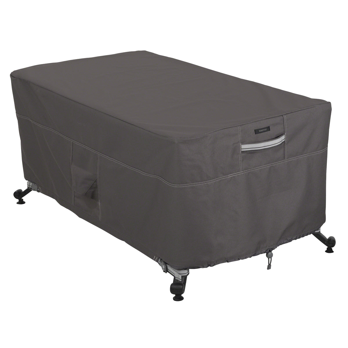 Classic Accessories Ravenna front view showing full cover protecting rectangular fire pit table