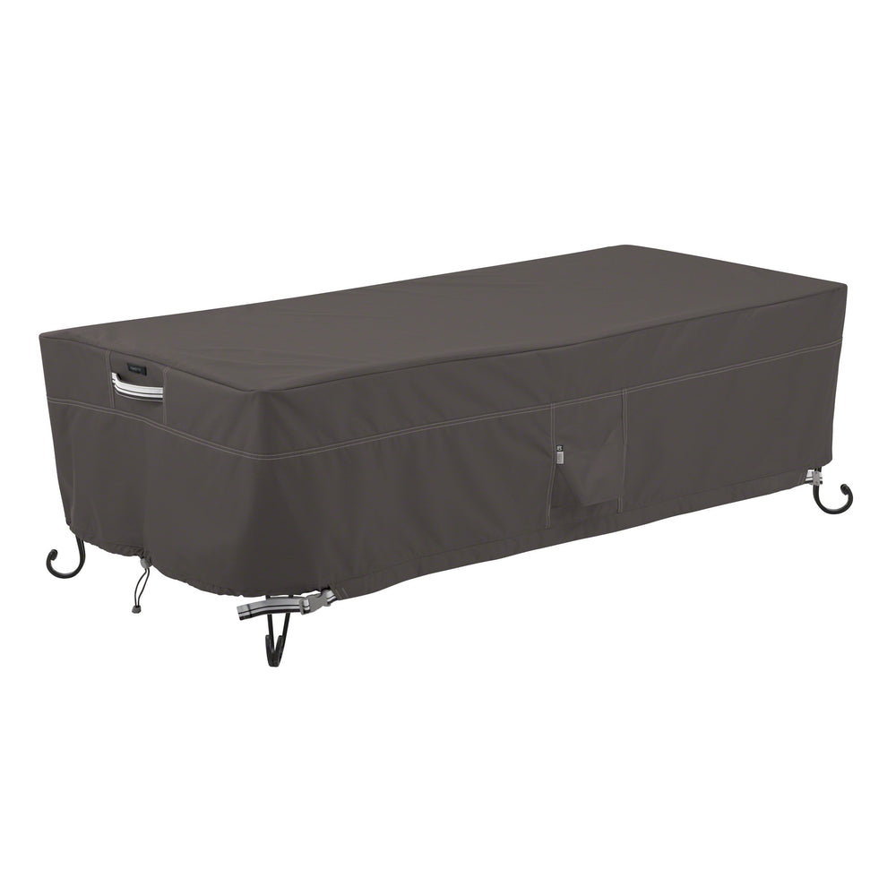 Classic Accessories front view of cover protecting a rectangular fire pit table, durable protection