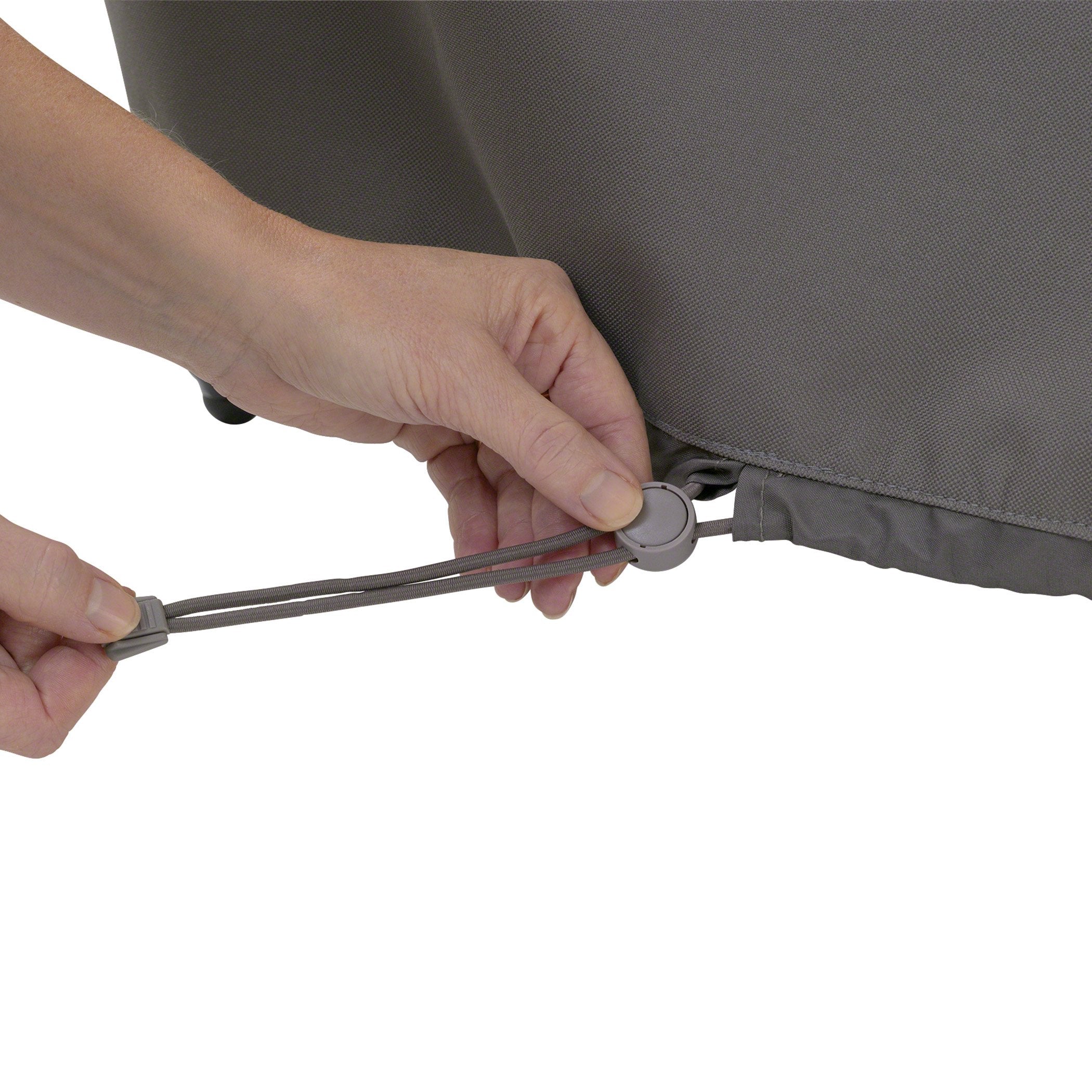 Classic Accessories Ravenna WindLock adjustable hem strap securing cover in windy conditions