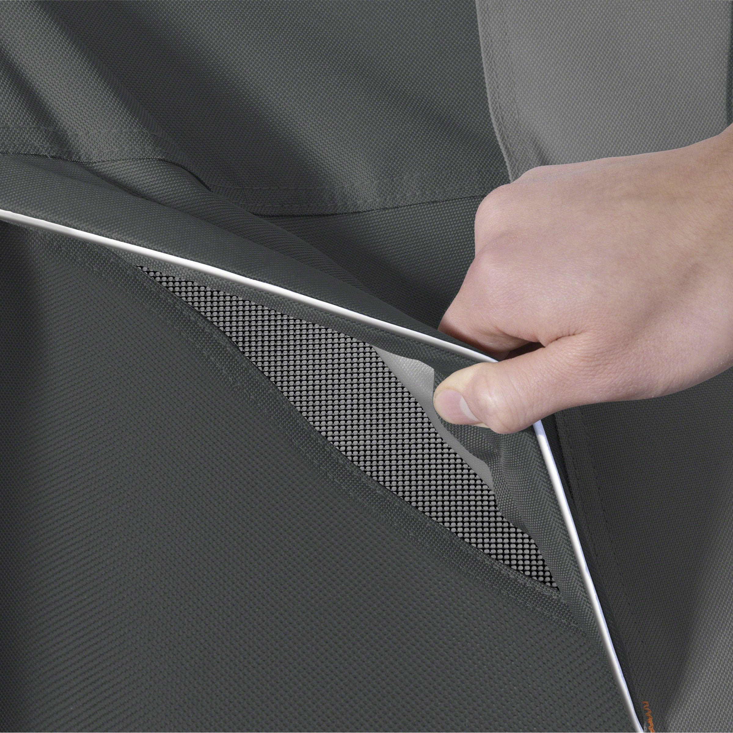 Classic Accessories tension strap and click-close panel securing cover against wind