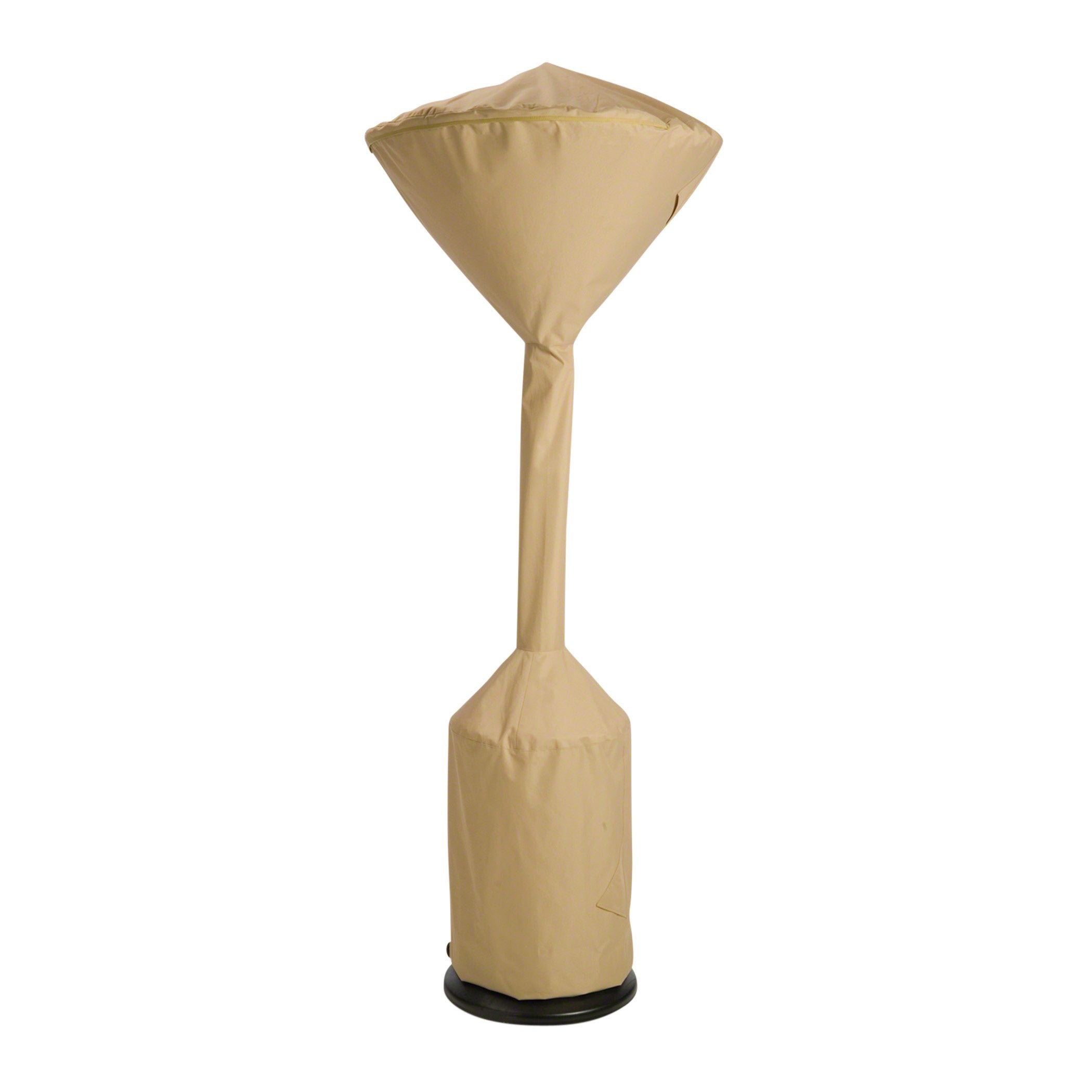 Classic Accessories front view of cover protecting round patio heater, weather protection benefit