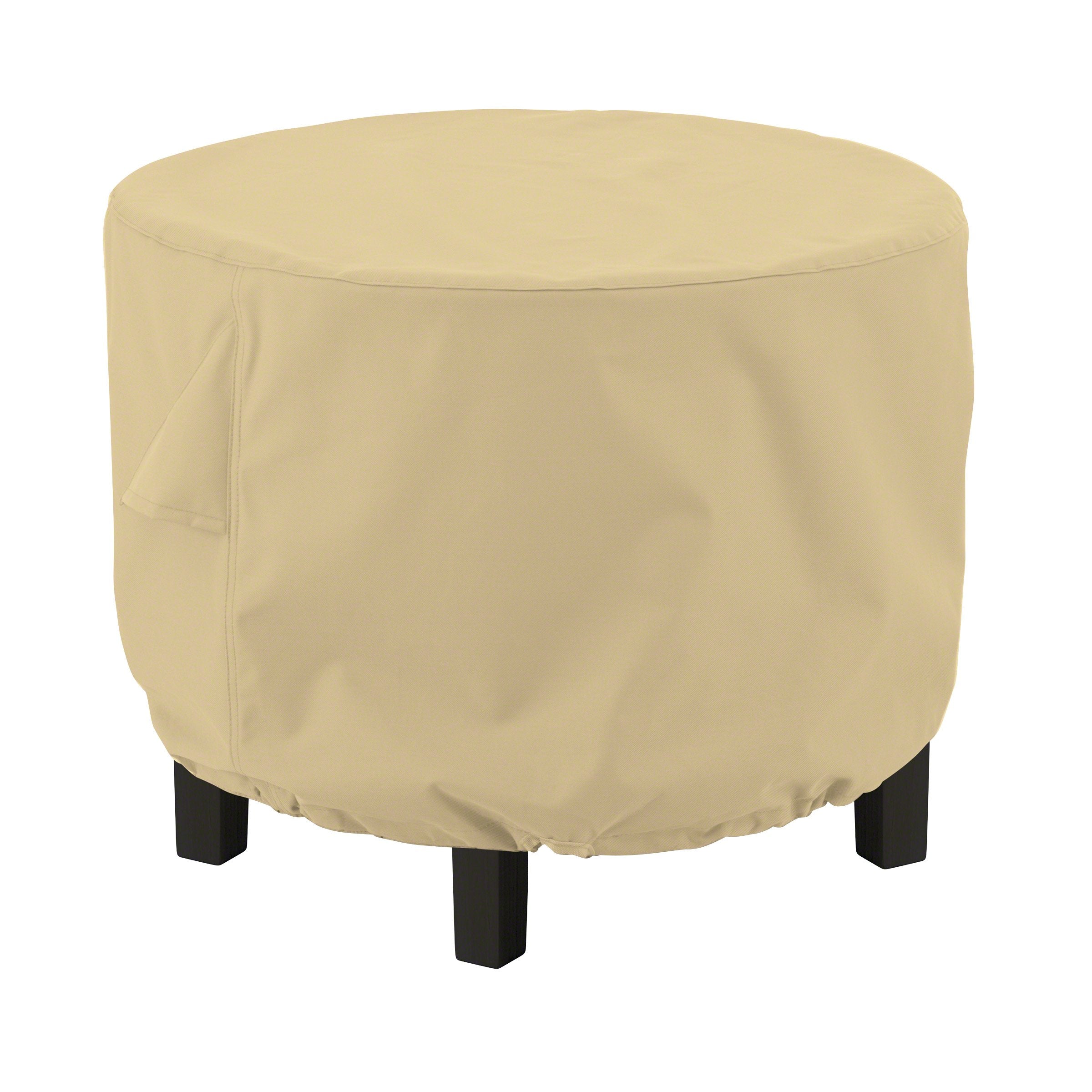 Classic Accessories front view of cover protecting round table, keeps furniture pristine