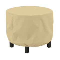 Classic Accessories front view of cover protecting round table, keeps furniture pristine