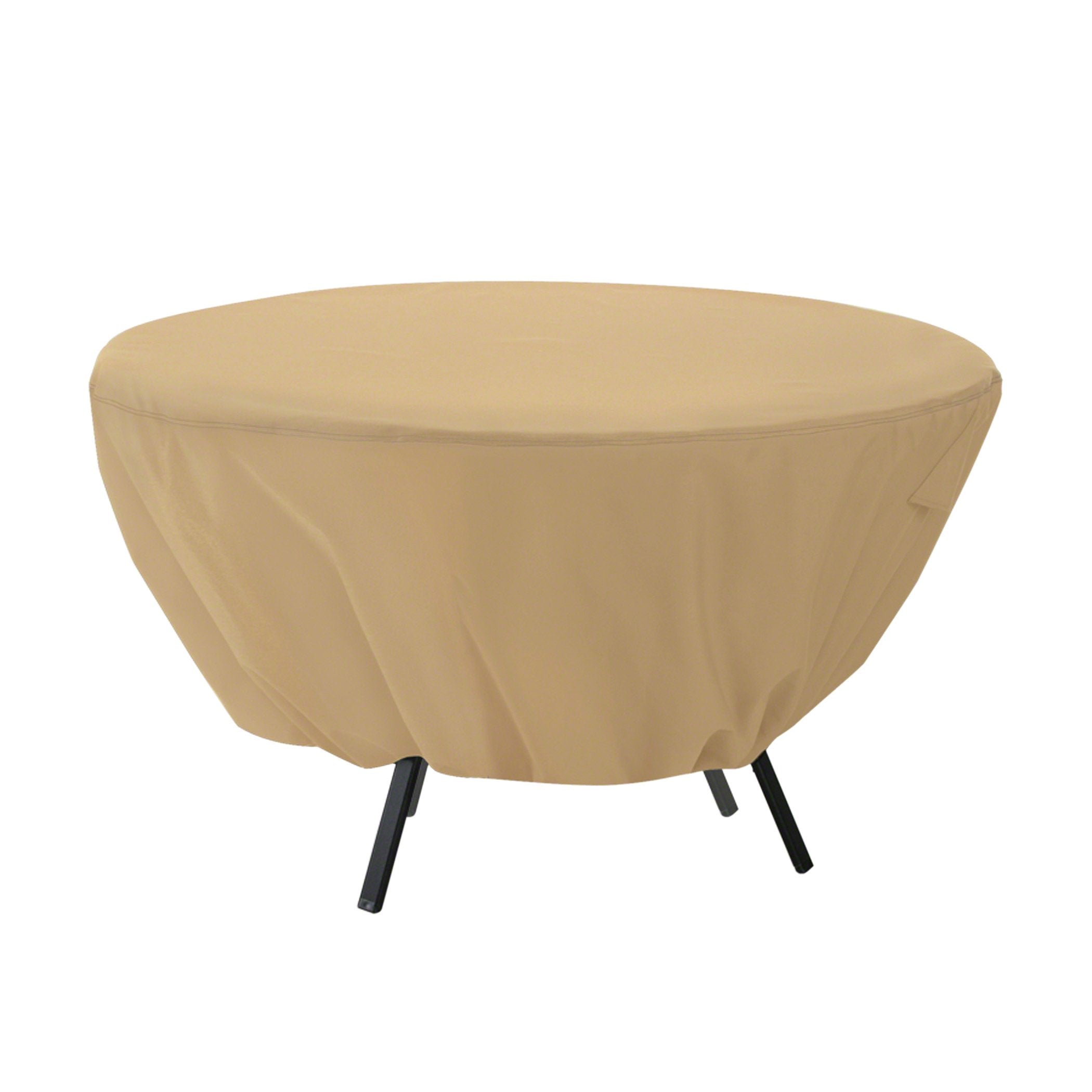 Classic Accessories cover front view protecting round table, shows fit and protection