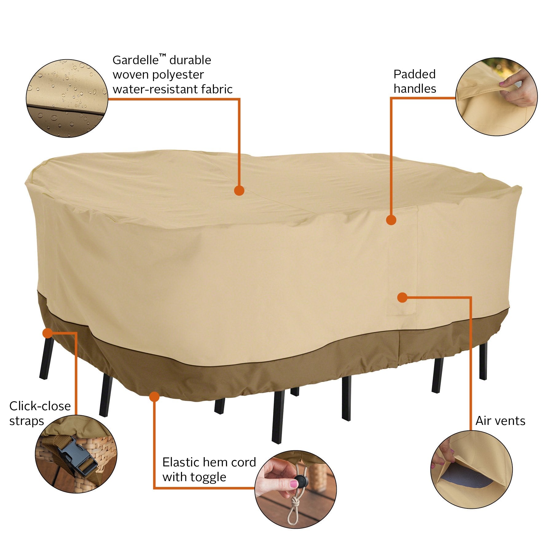 Classic Accessories click-close strap securing cover to table legs, prevents wind lofting