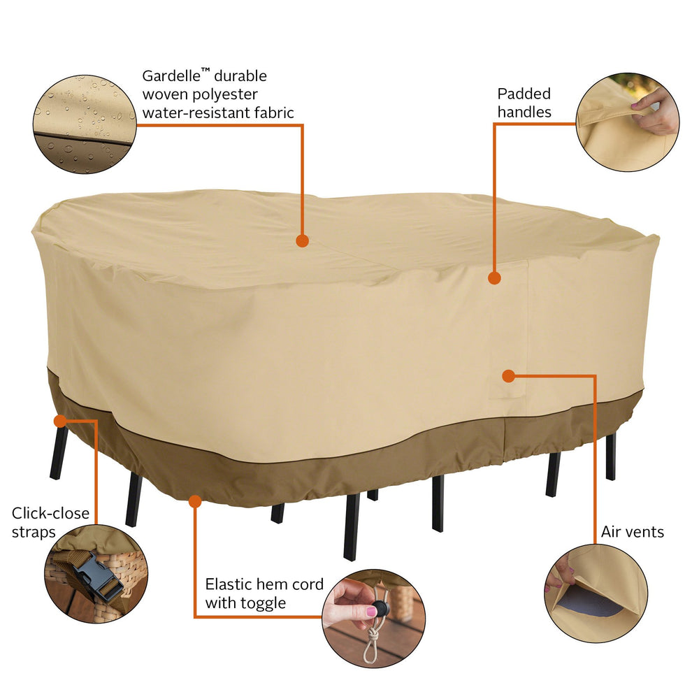 Classic Accessories click-close strap securing cover to table legs, prevents wind lofting