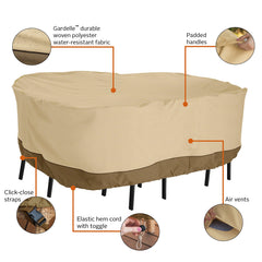 Classic Accessories click-close strap securing cover to table legs, prevents wind lofting
