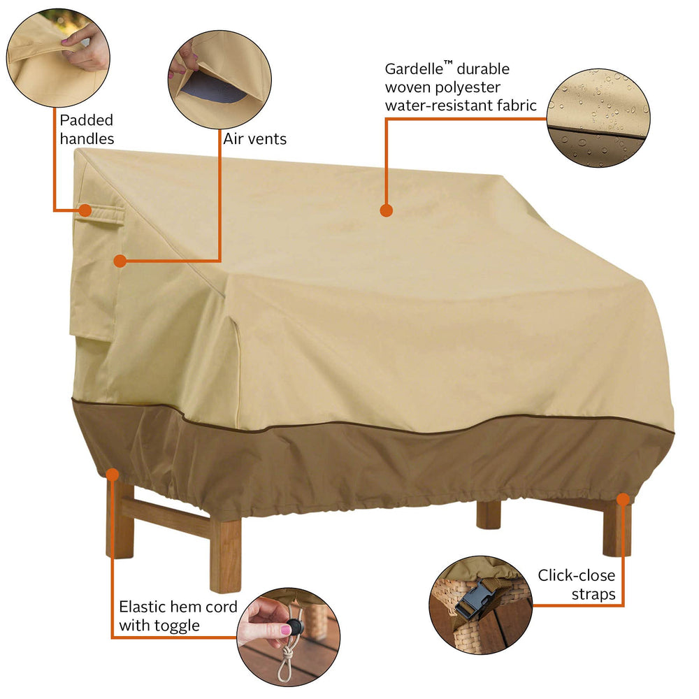 Classic Accessories click-close strap secured at sofa front for wind-resistant hold