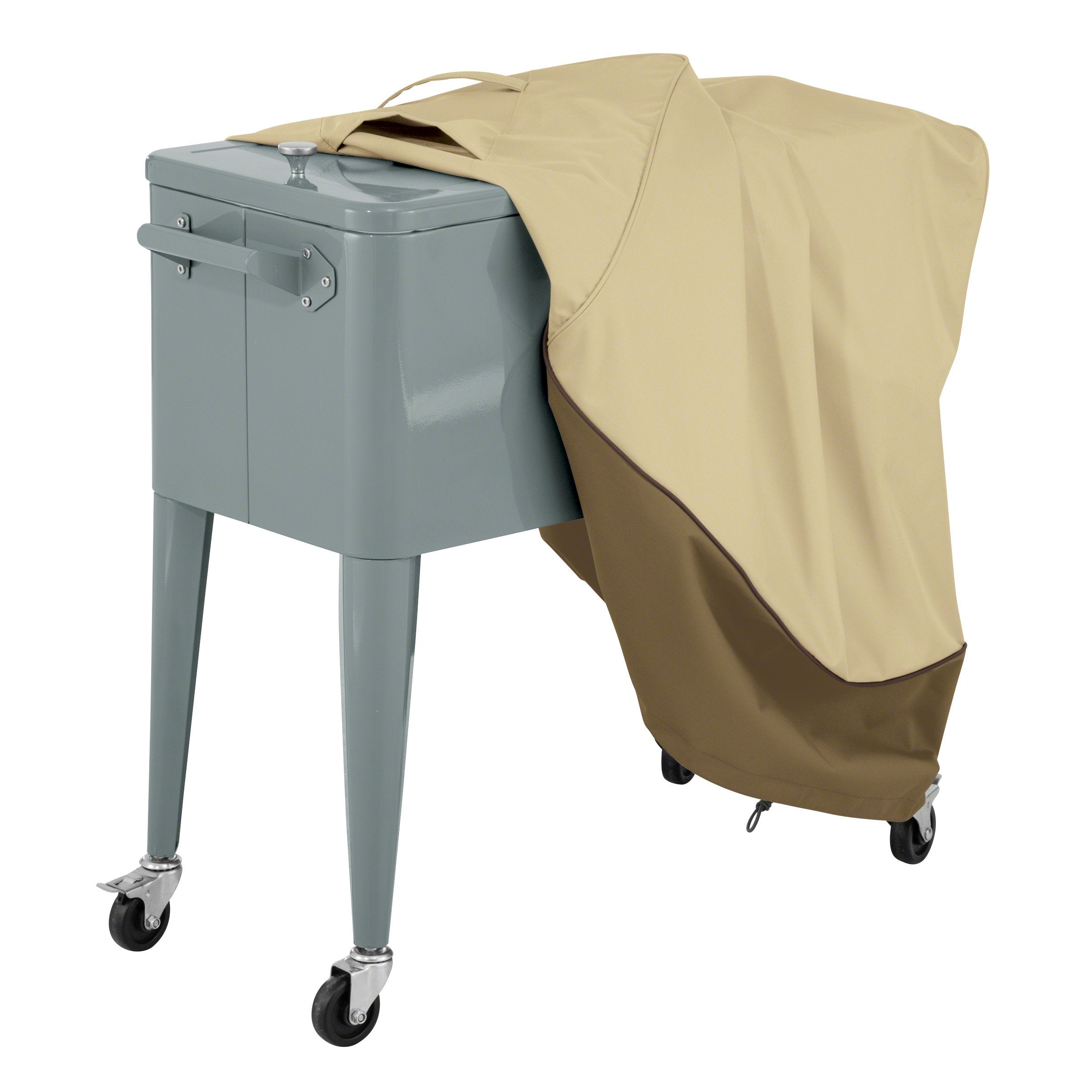 Classic Accessories cover fitted on 80 qt rolling cooler showing secure fit