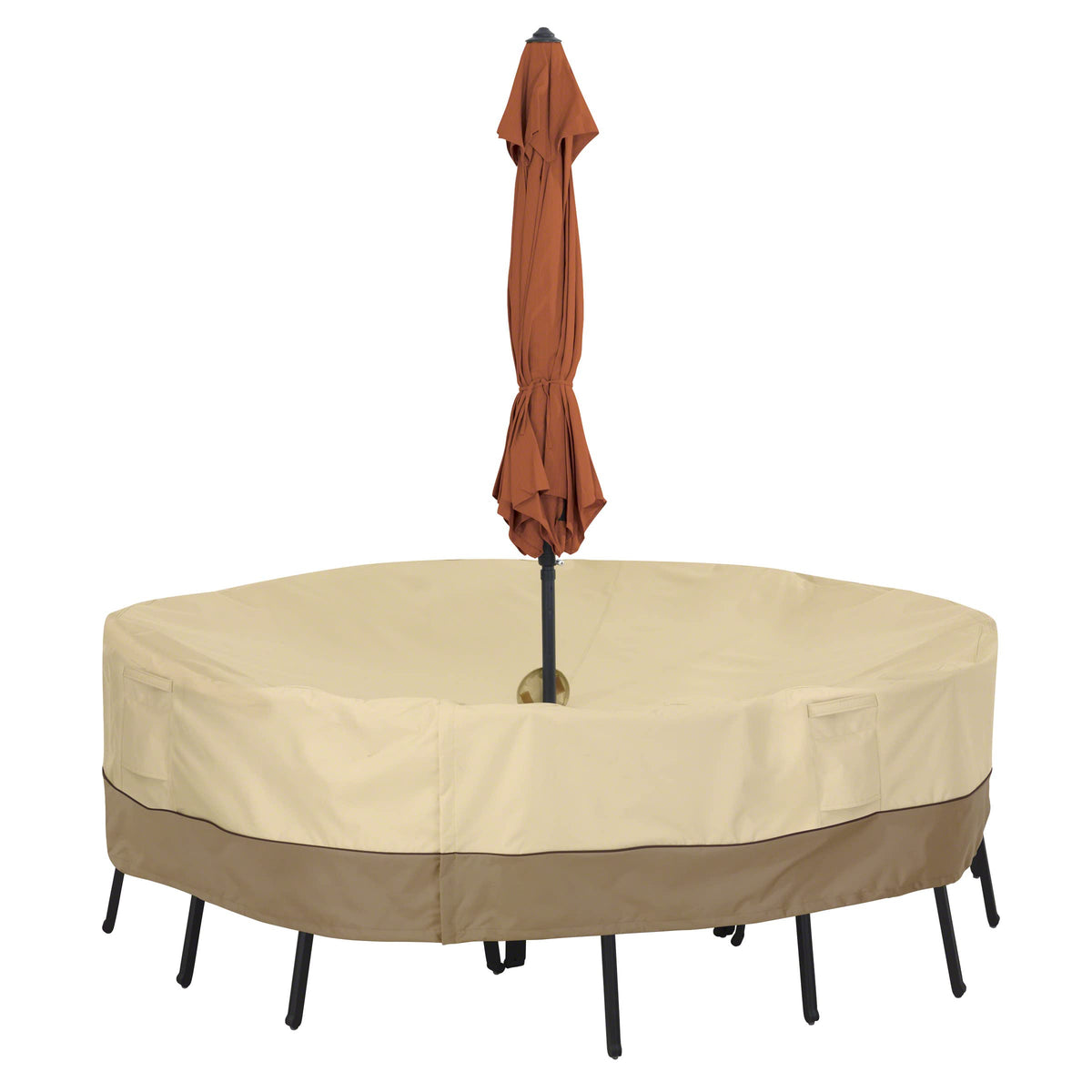 Classic Accessories front view of covered 94 inch round table showing clean protection