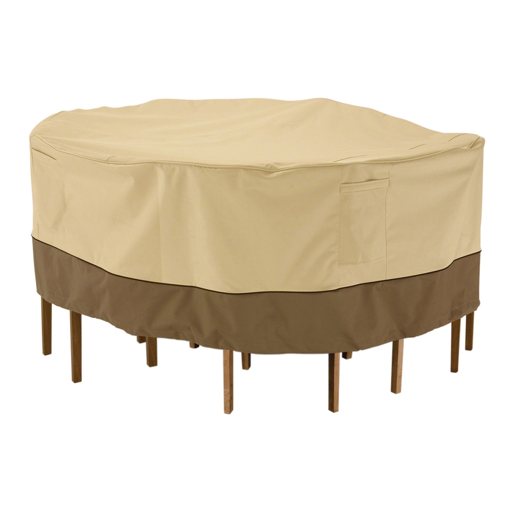 Classic Accessories Veranda front view showing full 94-inch cover protecting table set