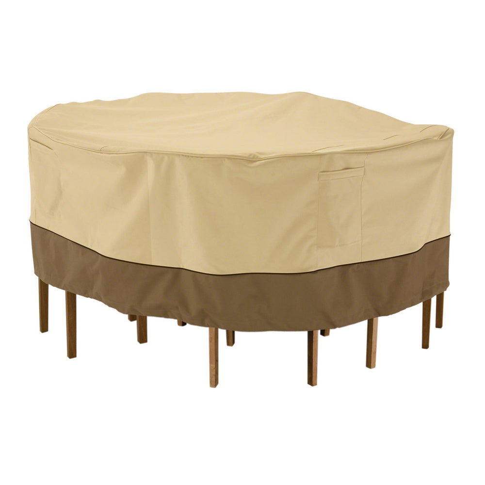 Classic Accessories Veranda front view showing full 94-inch cover protecting table set
