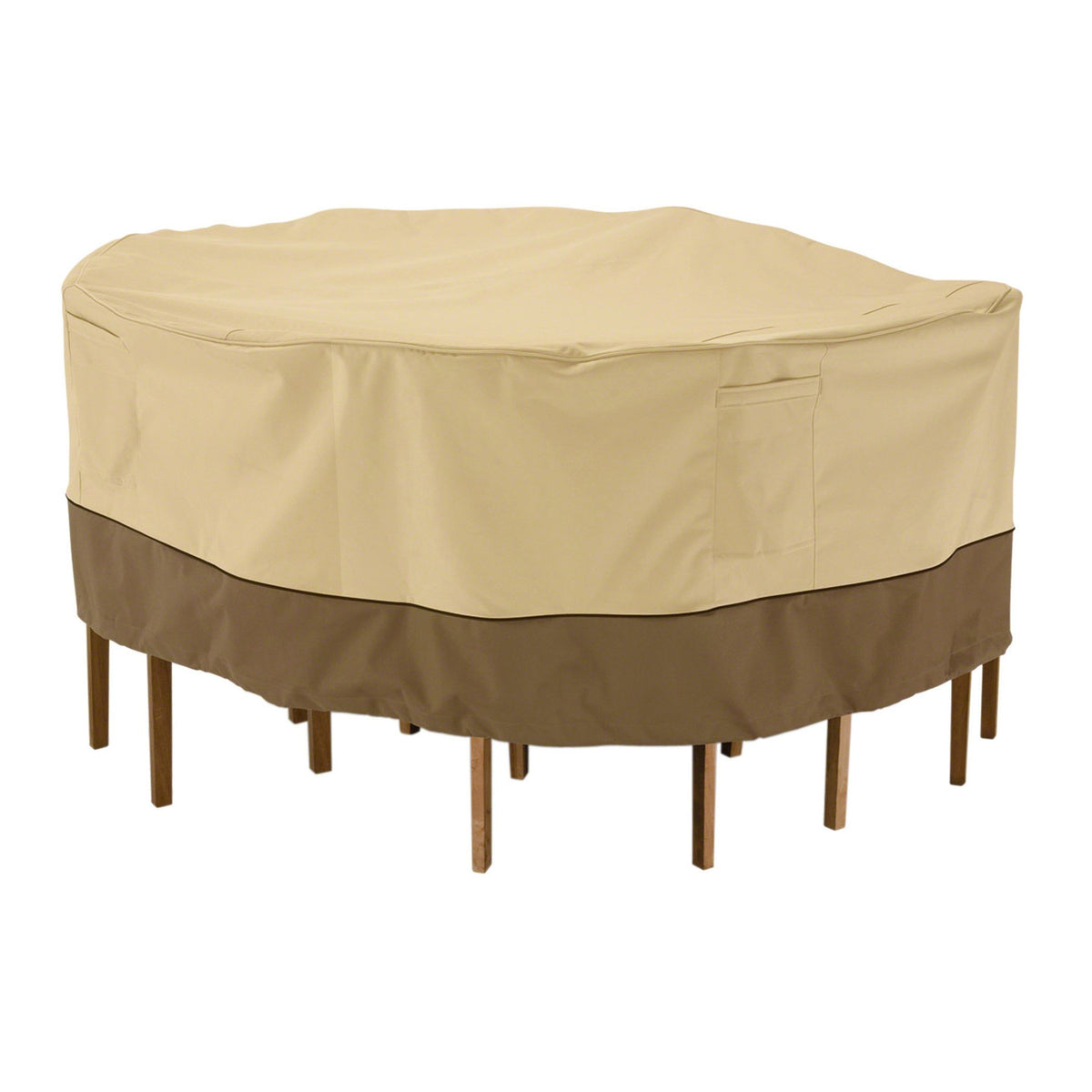 Classic Accessories Veranda front view showing full 94-inch cover protecting table set