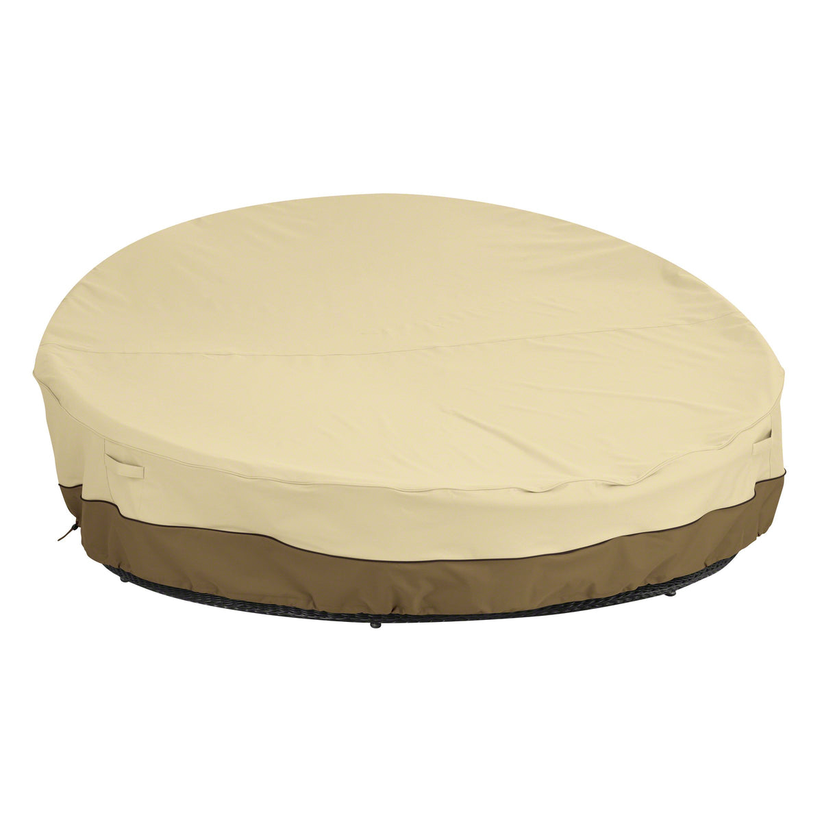 Classic Accessories front view of cover protecting a round daybed outdoors, keeps furniture dry