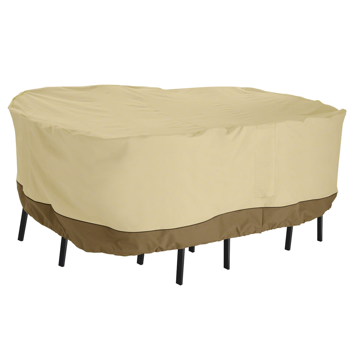 Classic Accessories cover front view protecting bar table and chairs, shows full coverage and style