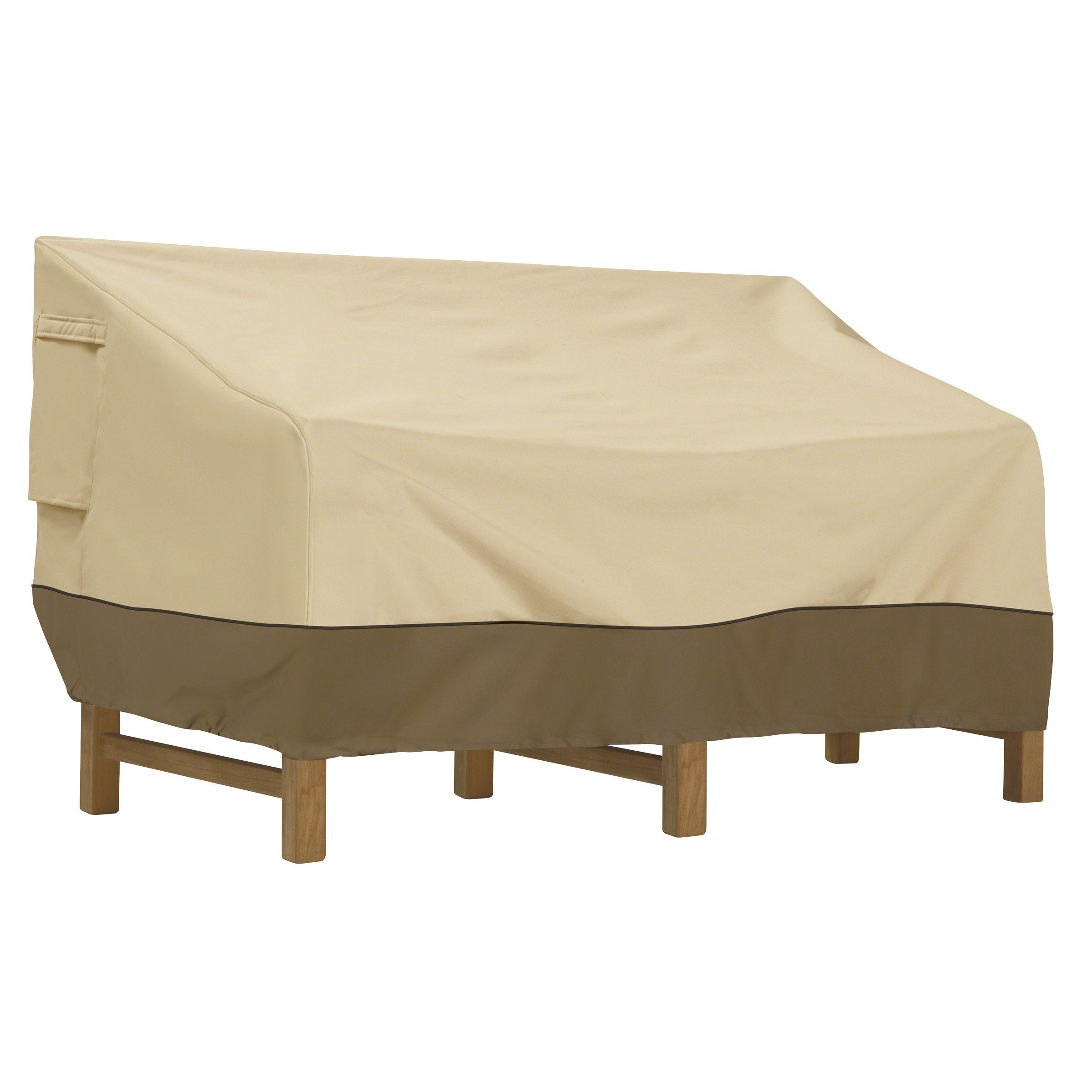 Classic Accessories front view showing full loveseat cover protecting furniture