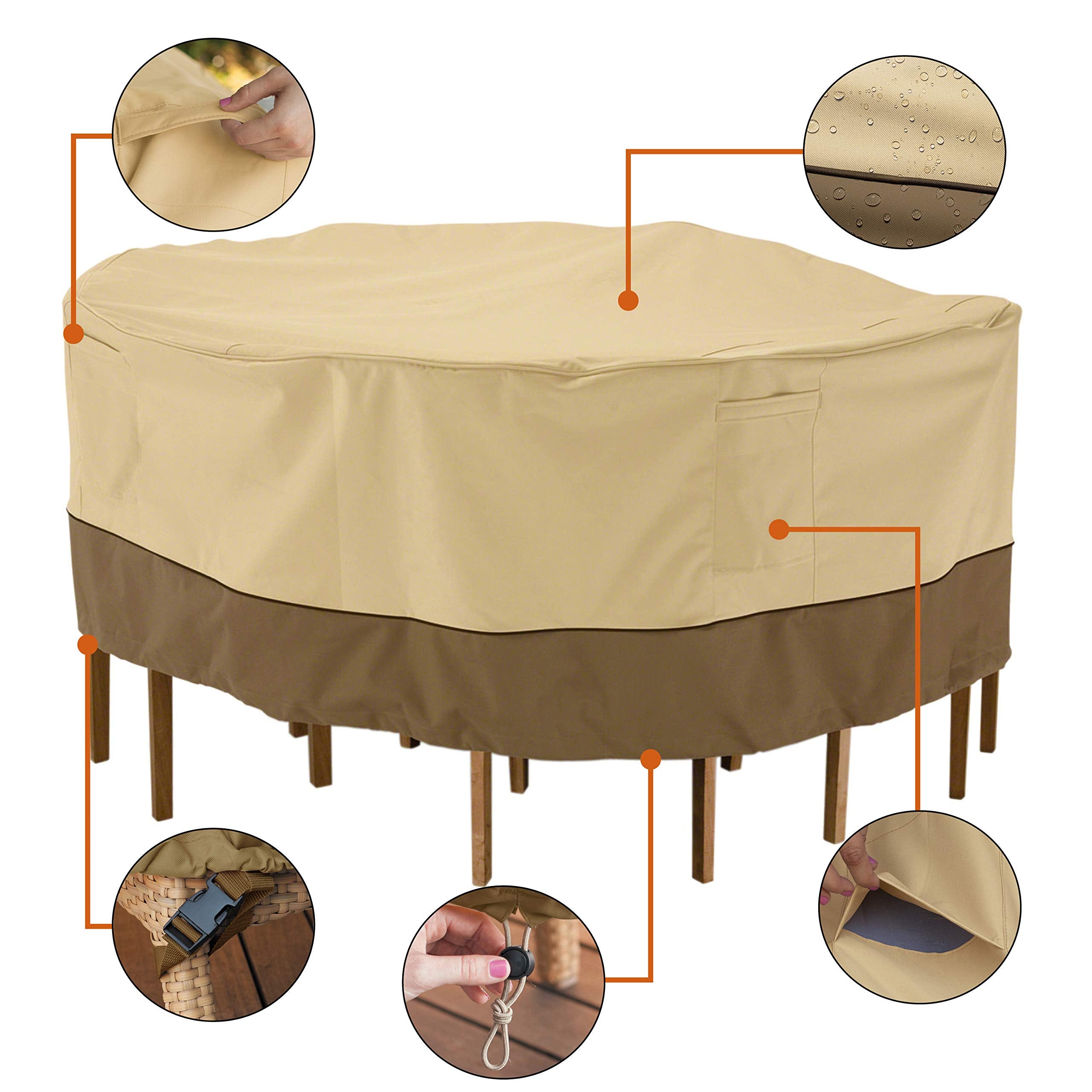 Classic Accessories Veranda side profile showing dark splash-guard skirt protecting base