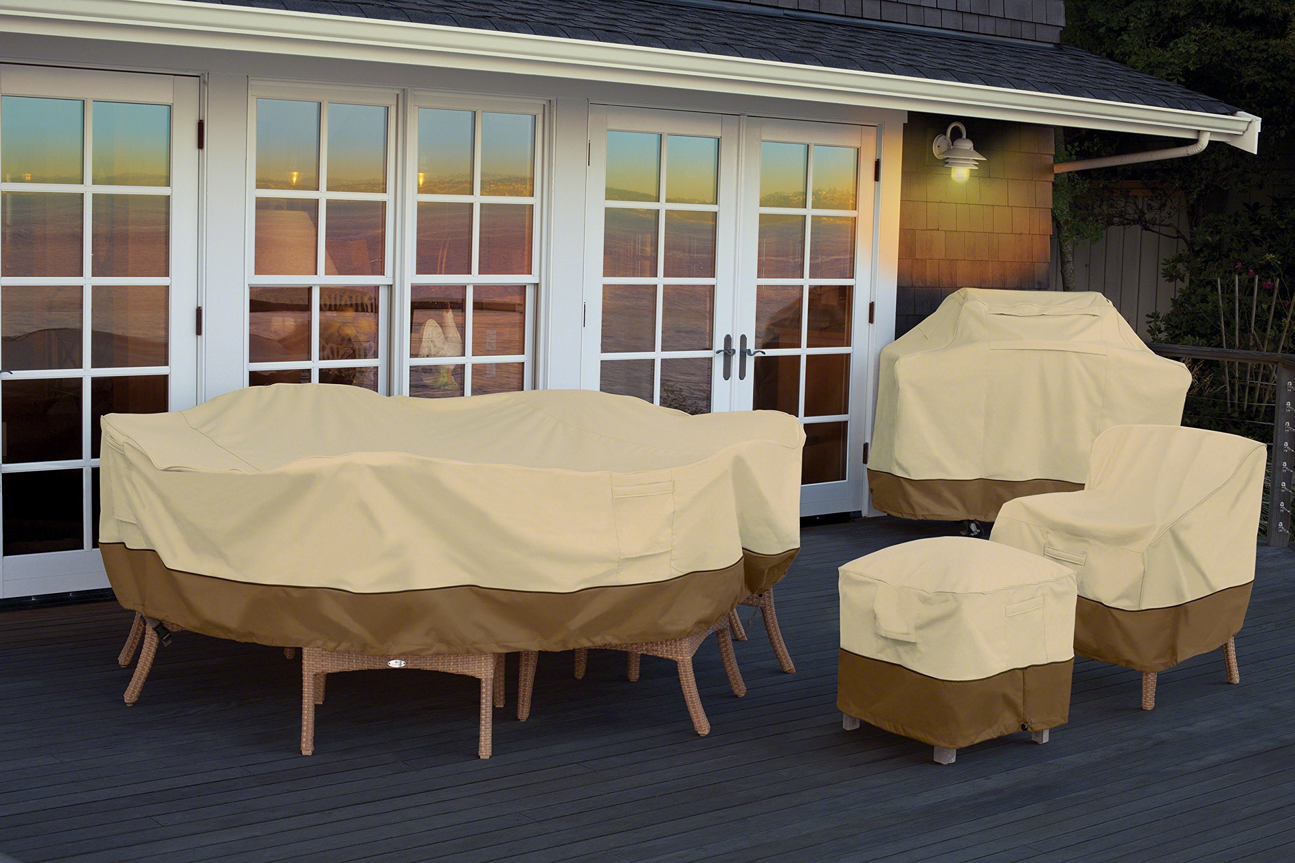 Classic Accessories Veranda cover next to measuring tape demonstrates fit for 108-inch sets