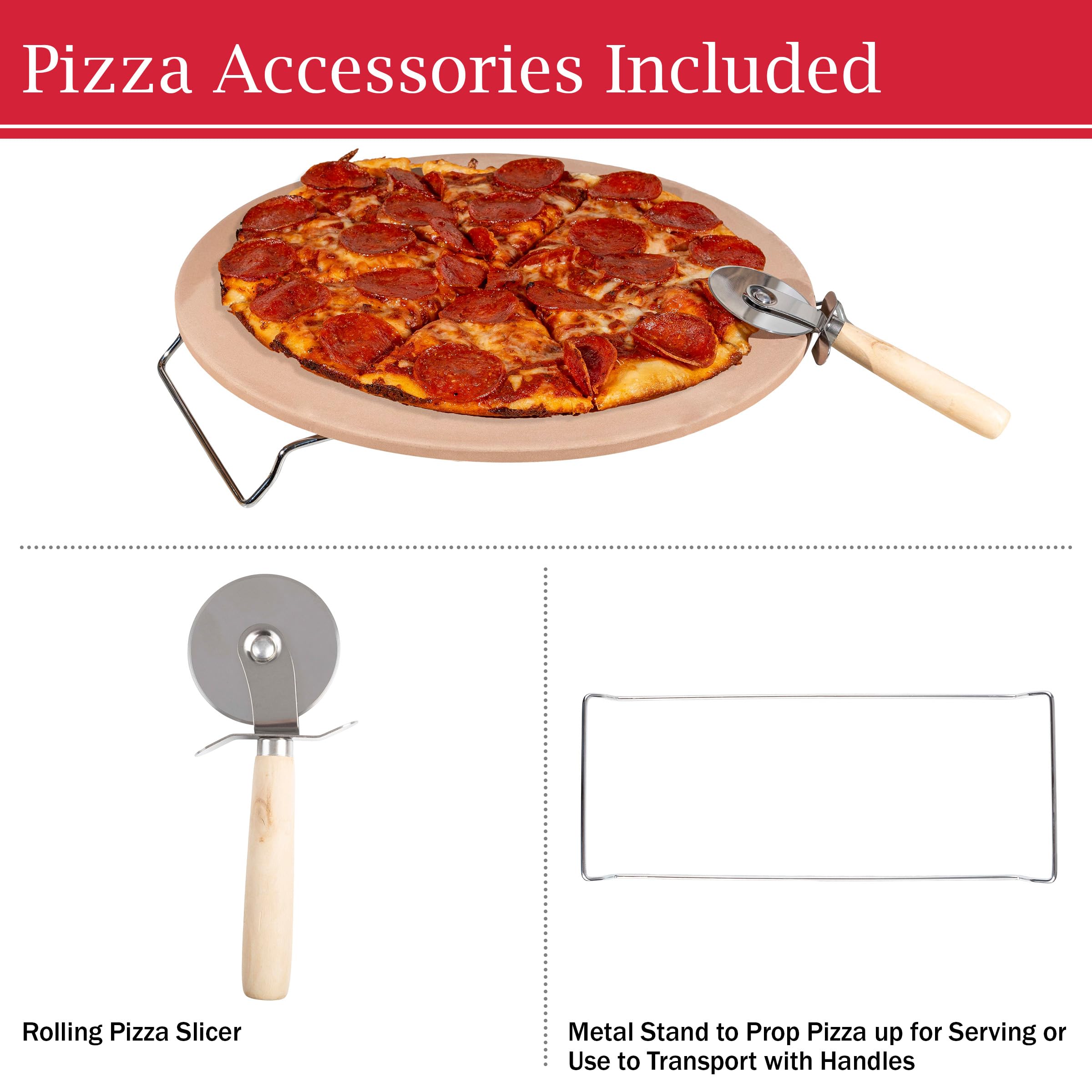 Classic Cuisine pizza slice displayed on metal rack to showcase serving and safe transport