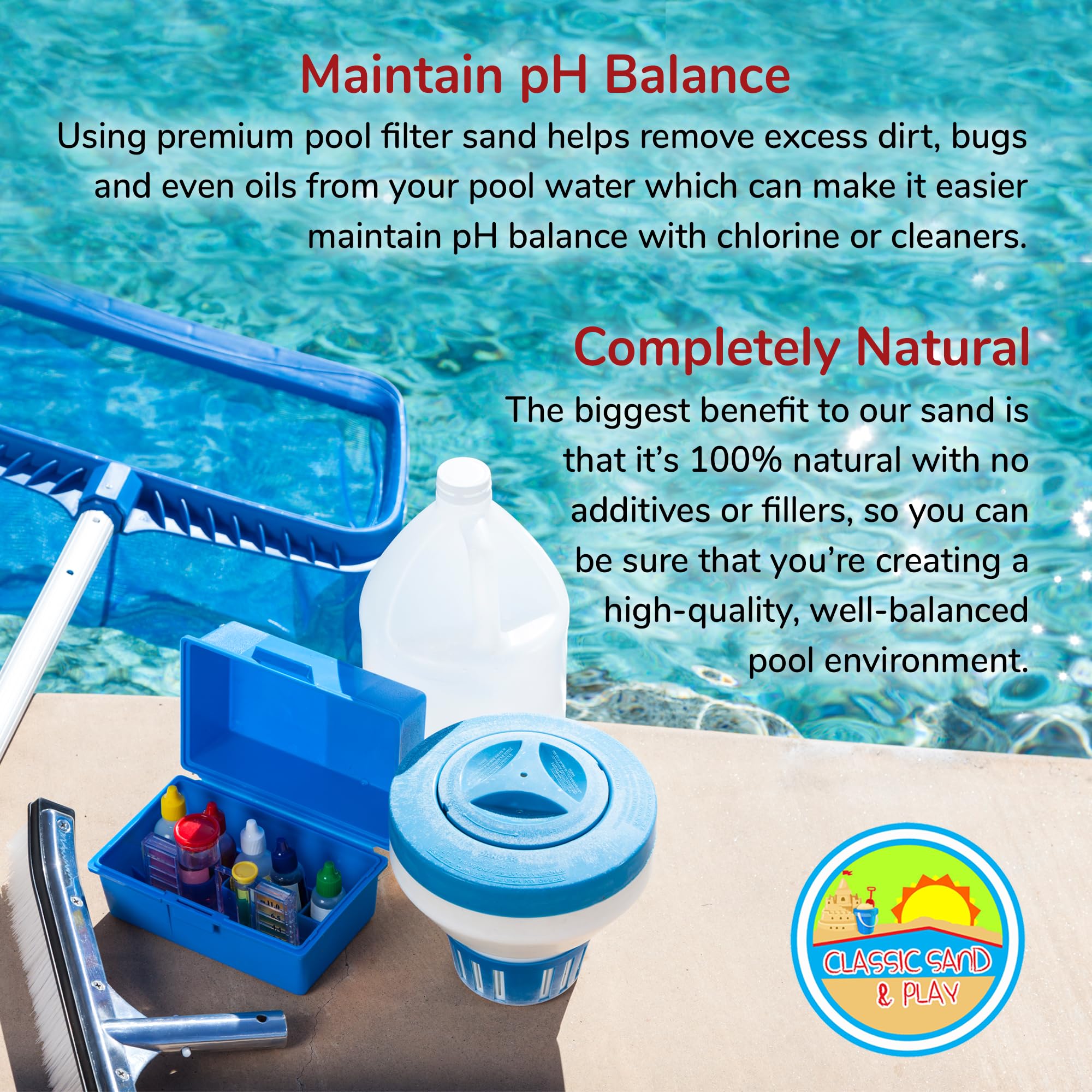 CLASSIC SAND & PLAY scoop with portion showing 20 lb bag size and handling ease