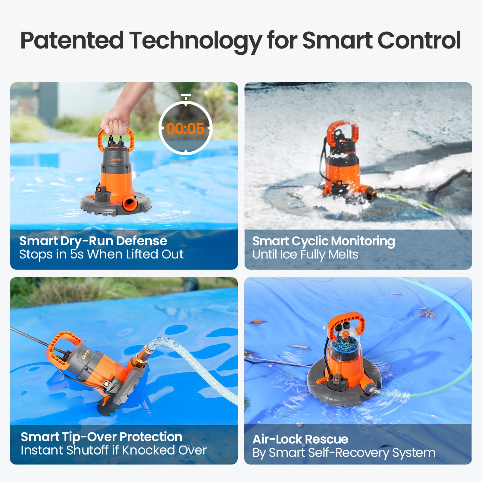 Cleartide installed on a pool cover removing standing water for winter safety