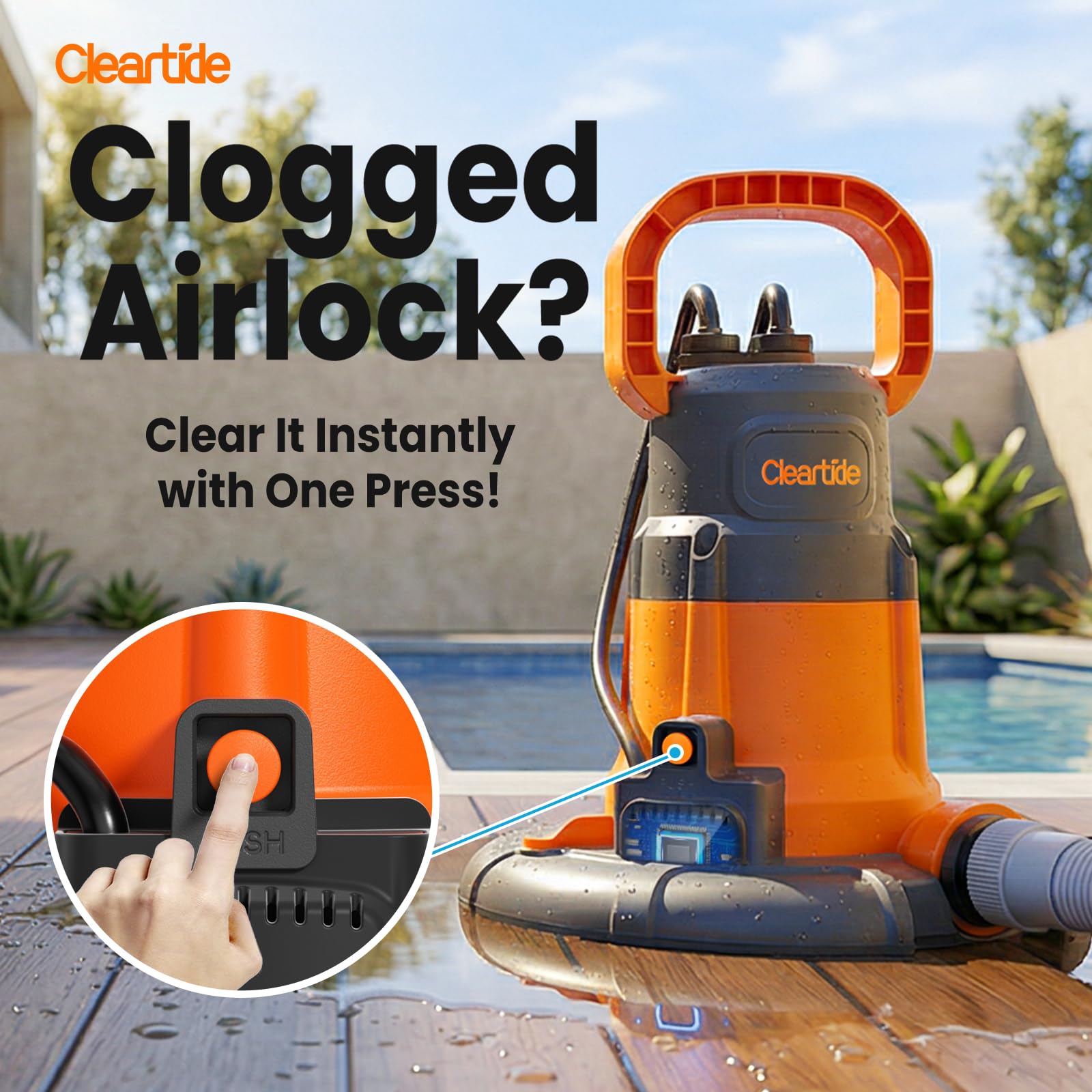 Cleartide next to garden hose for size and scale, illustrating easy placement
