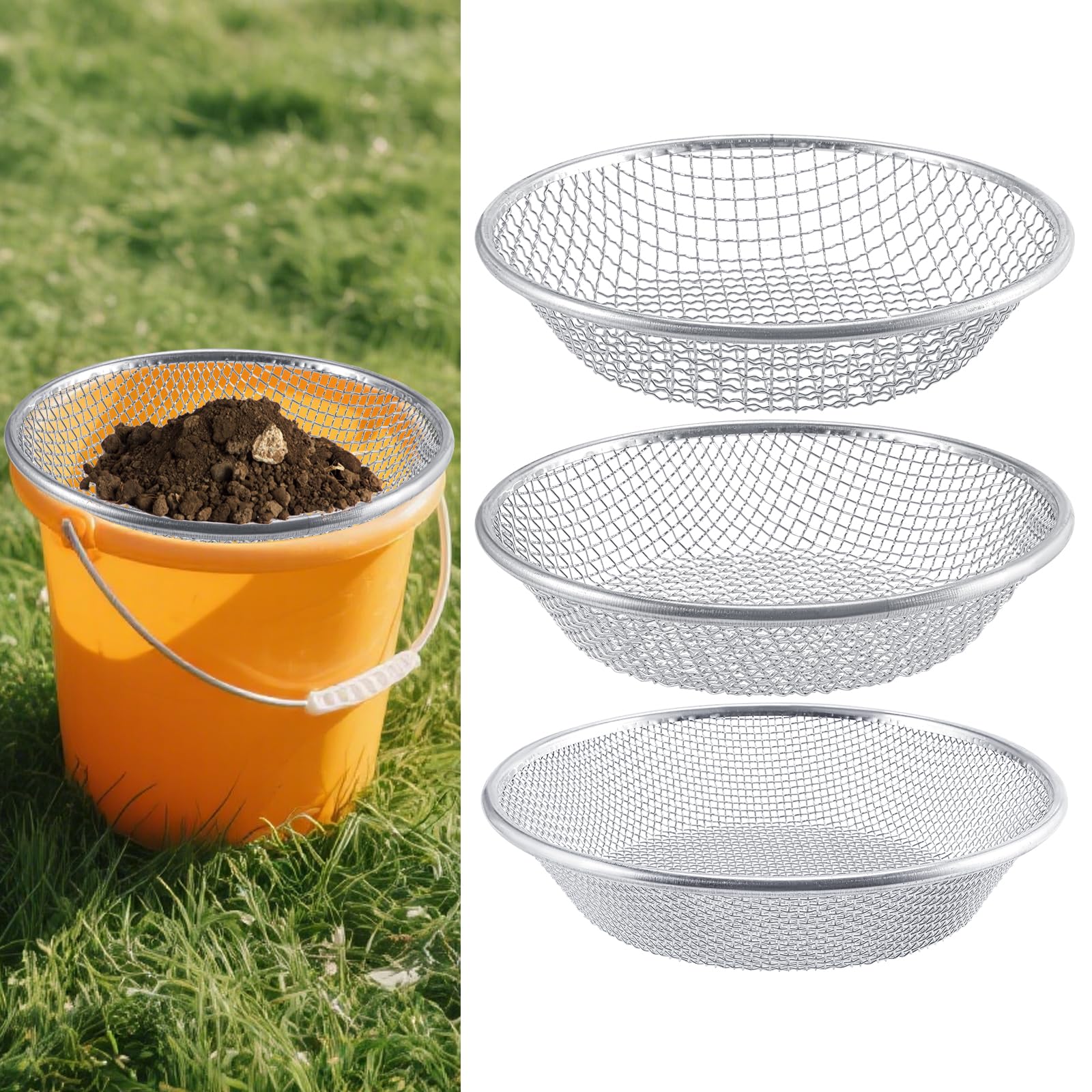 Clebay front view of three sieves showing sizes and finish, for efficient separation