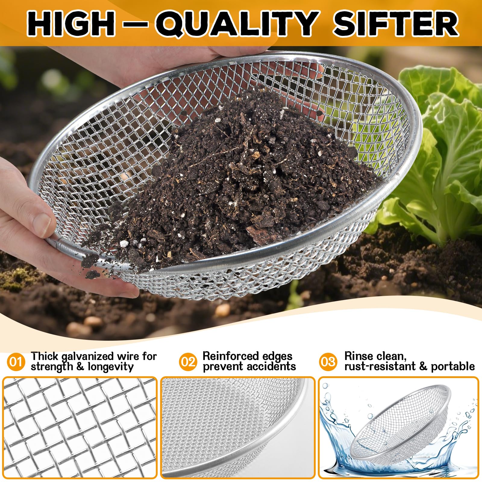 Clebay sieve set sitting on a 5-gallon bucket in garden for stable sifting