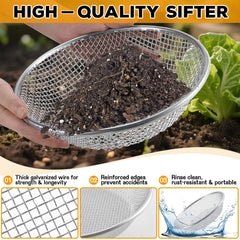Clebay sieve set sitting on a 5-gallon bucket in garden for stable sifting