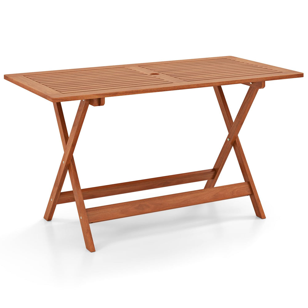 CLEEMAN front view full table showing seating for six and teak finish benefit: elegant outdoor dining