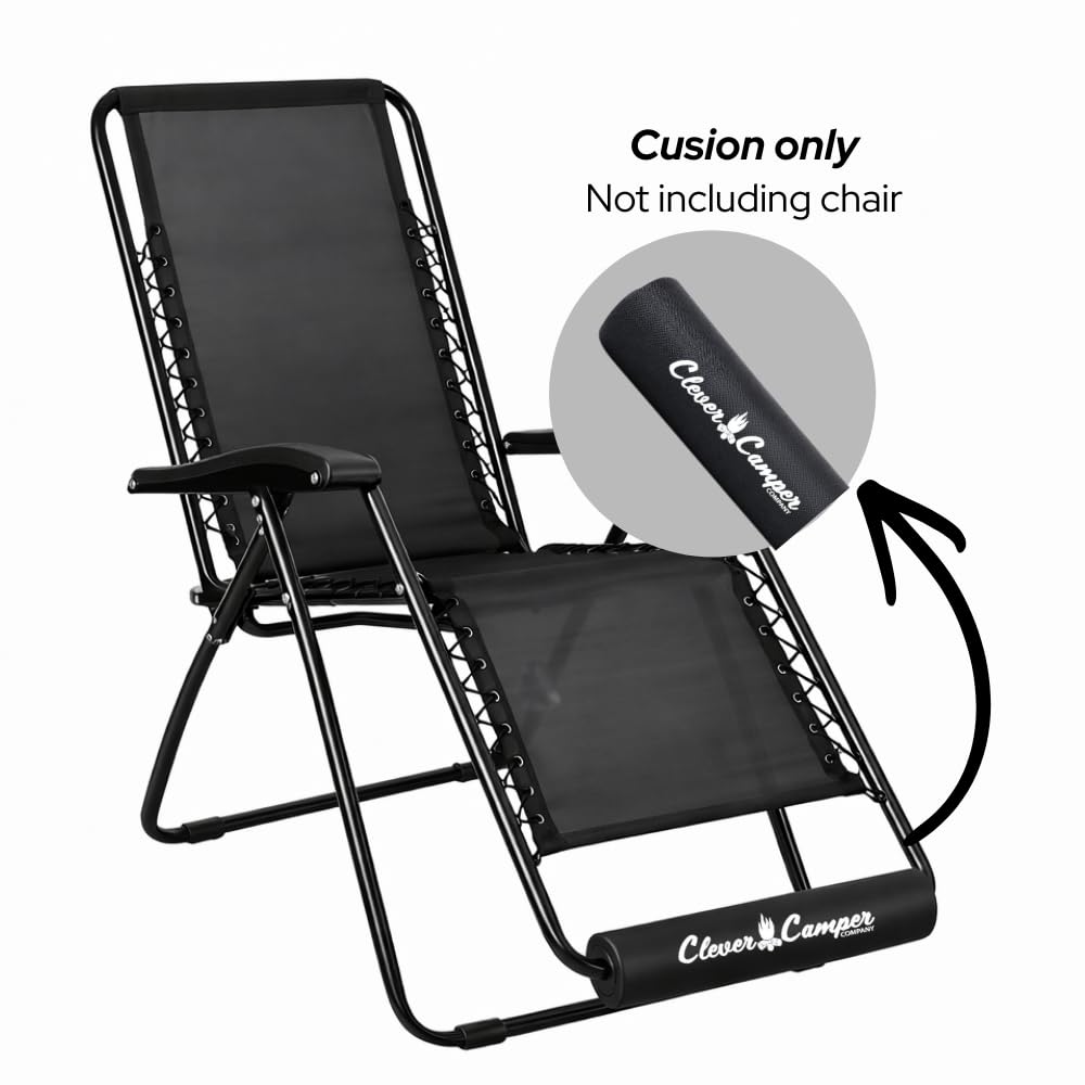 Clever Camper Company footrest installed on a zero gravity chair demonstrating easy tool-free fit