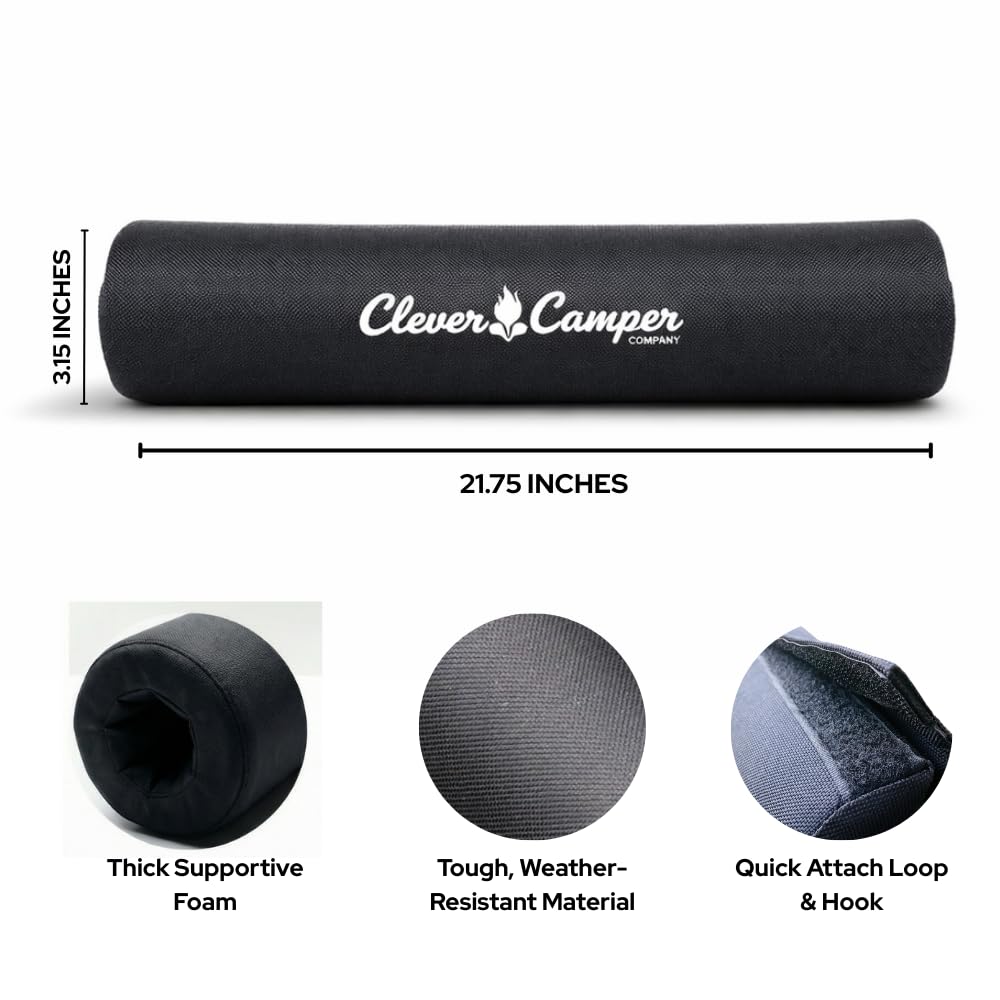 Clever Camper Company footrest beside a ruler showing 21.75-inch XL size for full lower-leg coverage