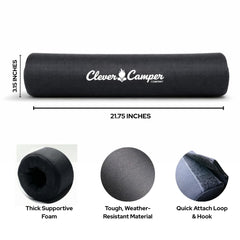 Clever Camper Company footrest beside a ruler showing 21.75-inch XL size for full lower-leg coverage