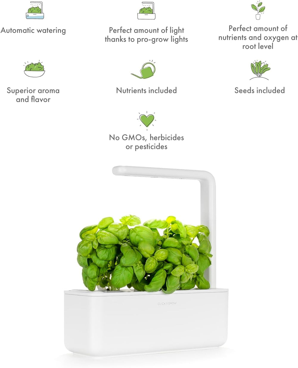 Click and Grow smart garden on kitchen counter with herbs, fresh cooking convenience demonstrated