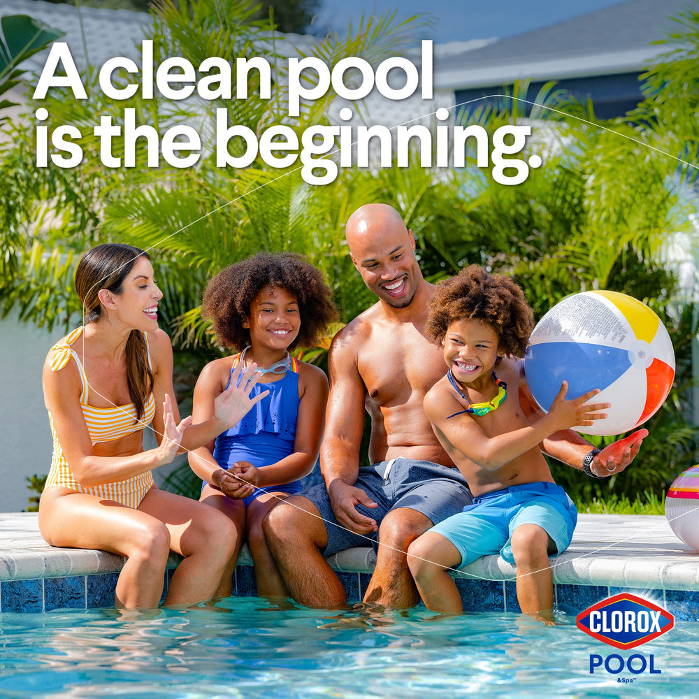 CLOROX Pool&Spa granules being added to pool skimmer showing effective distribution benefit