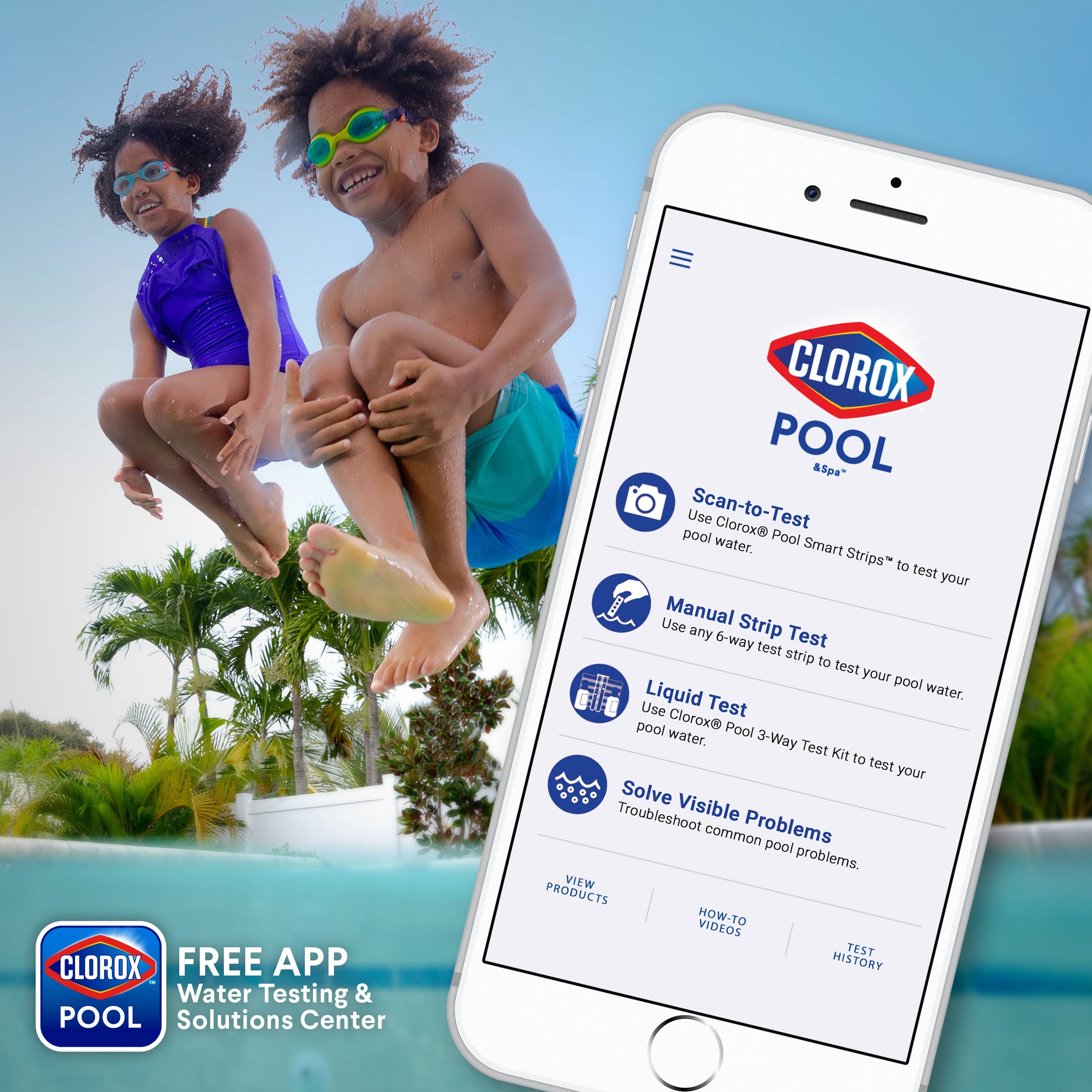 Clorox Pool&Spa label close-up highlighting safe-for-vinyl benefit