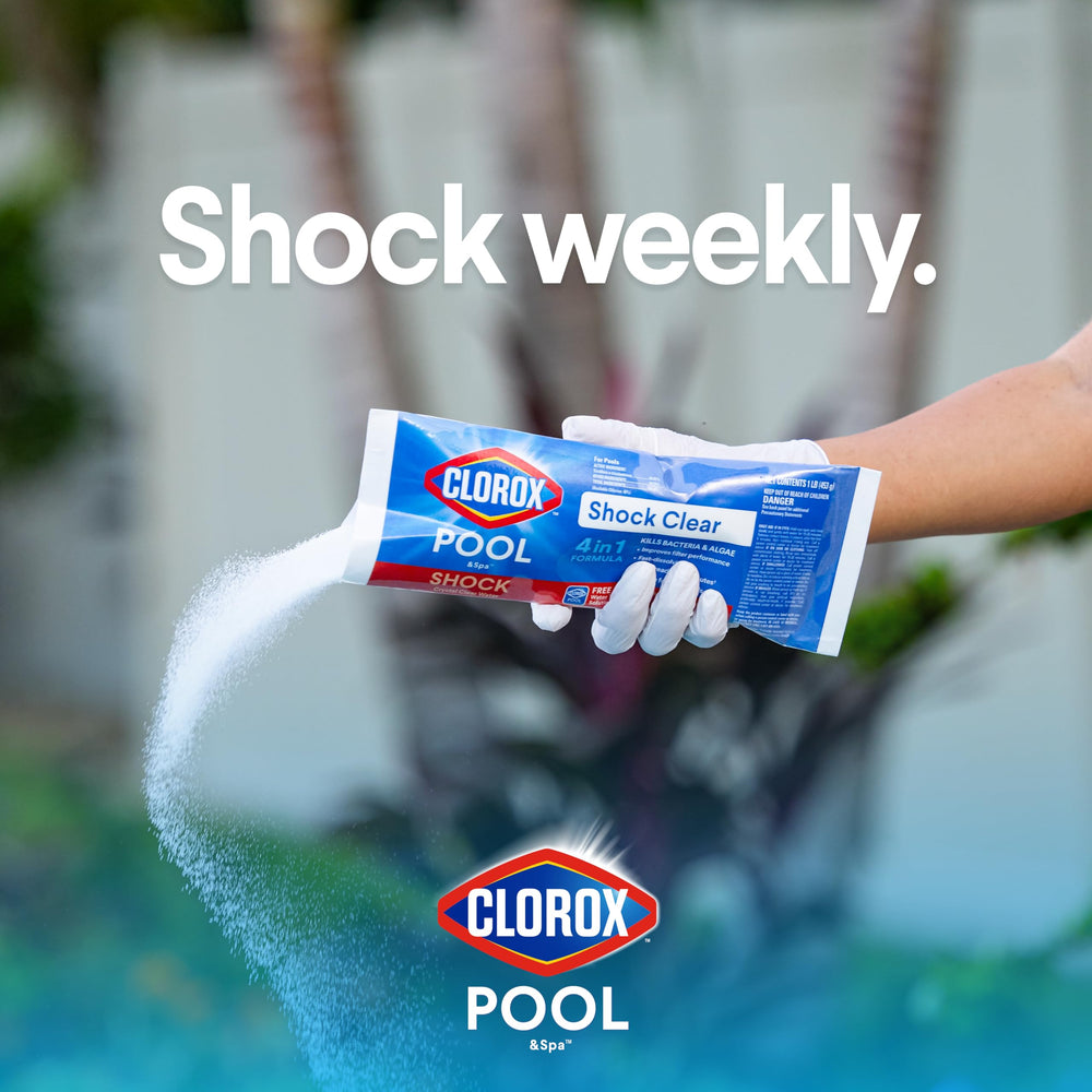 Clorox Pool&Spa pouring into skimmer for quick dispersion benefit