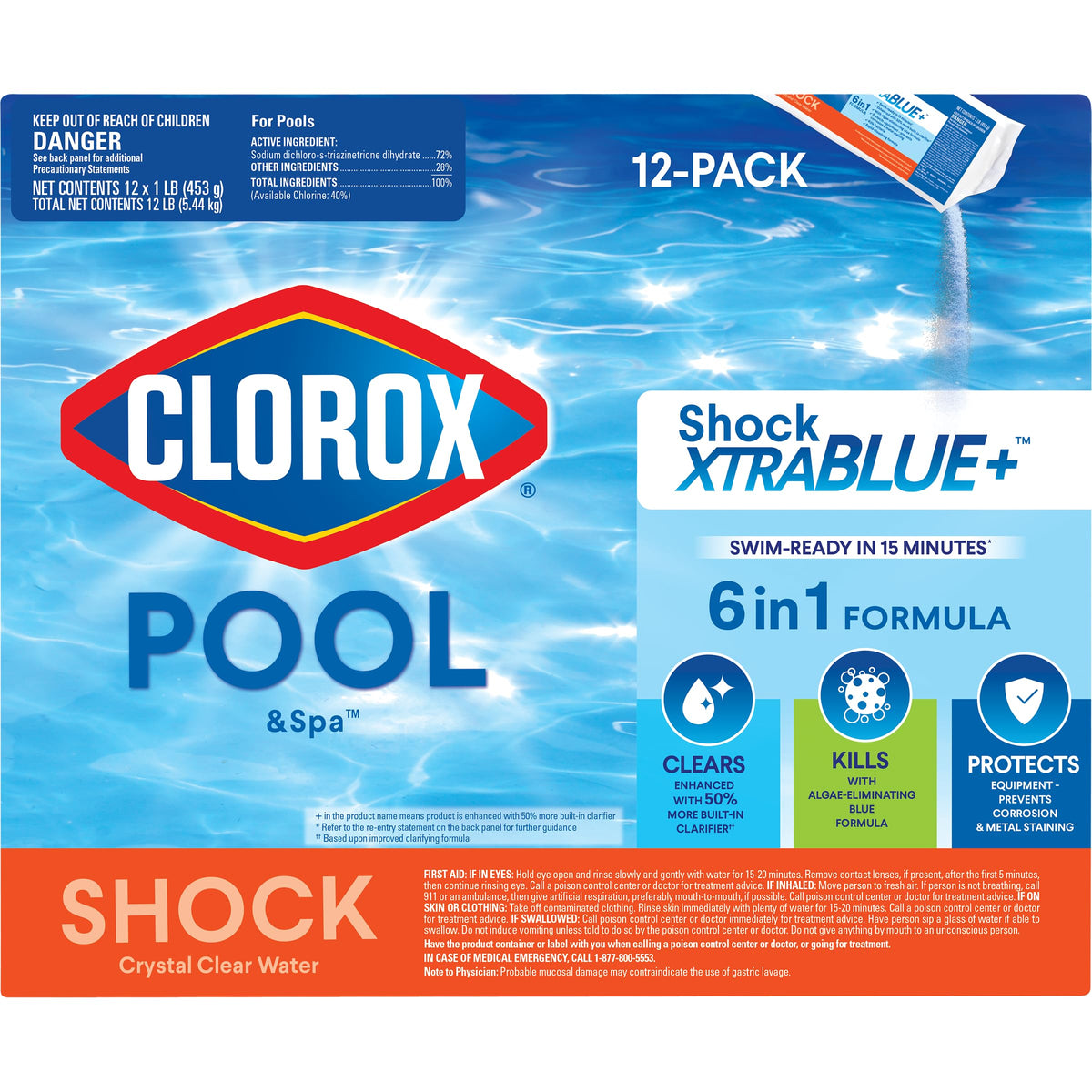 Clorox Pool&Spa front packaging showing product name and 12-pack benefit