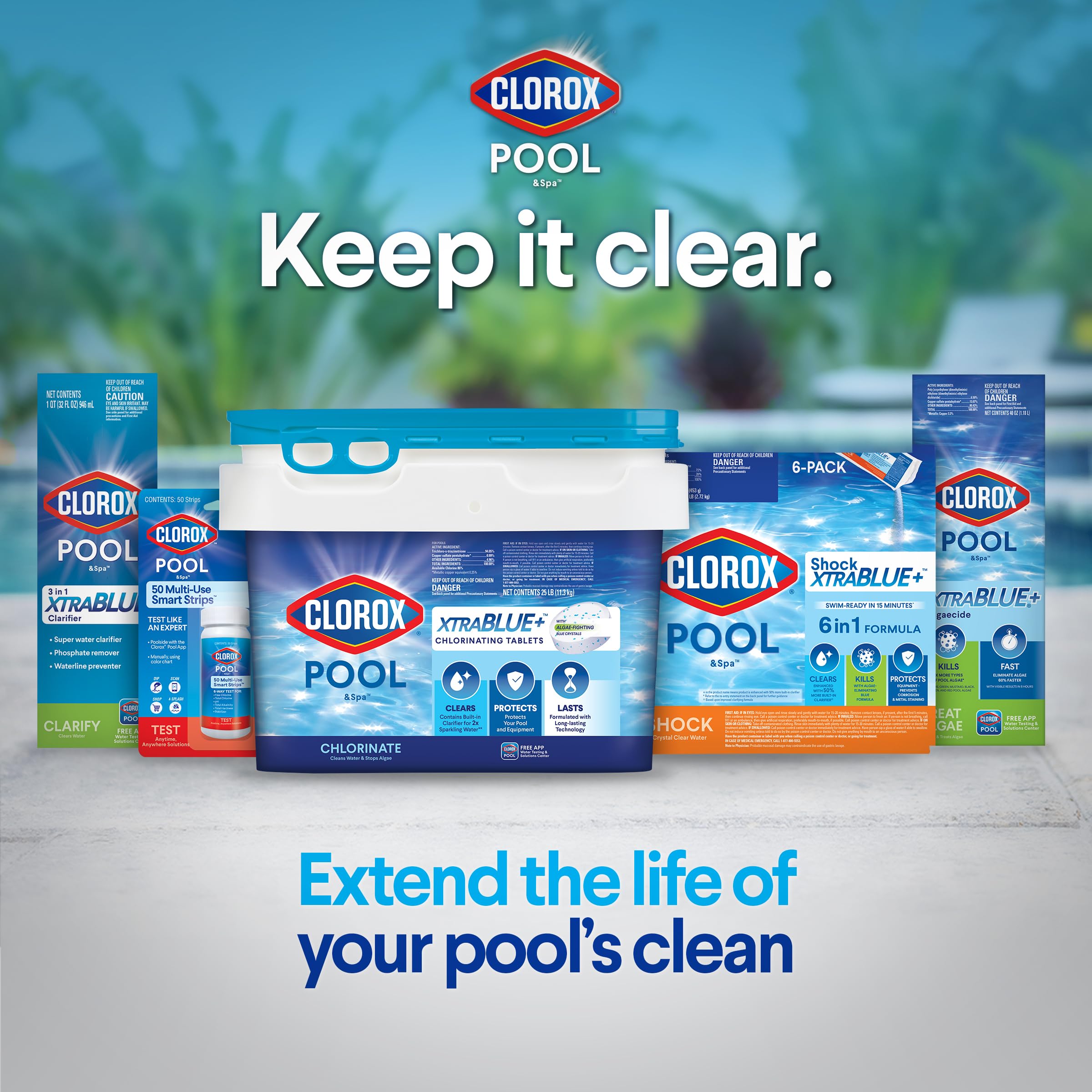 Clorox Pool&Spa package next to measuring cup showing dosage scale